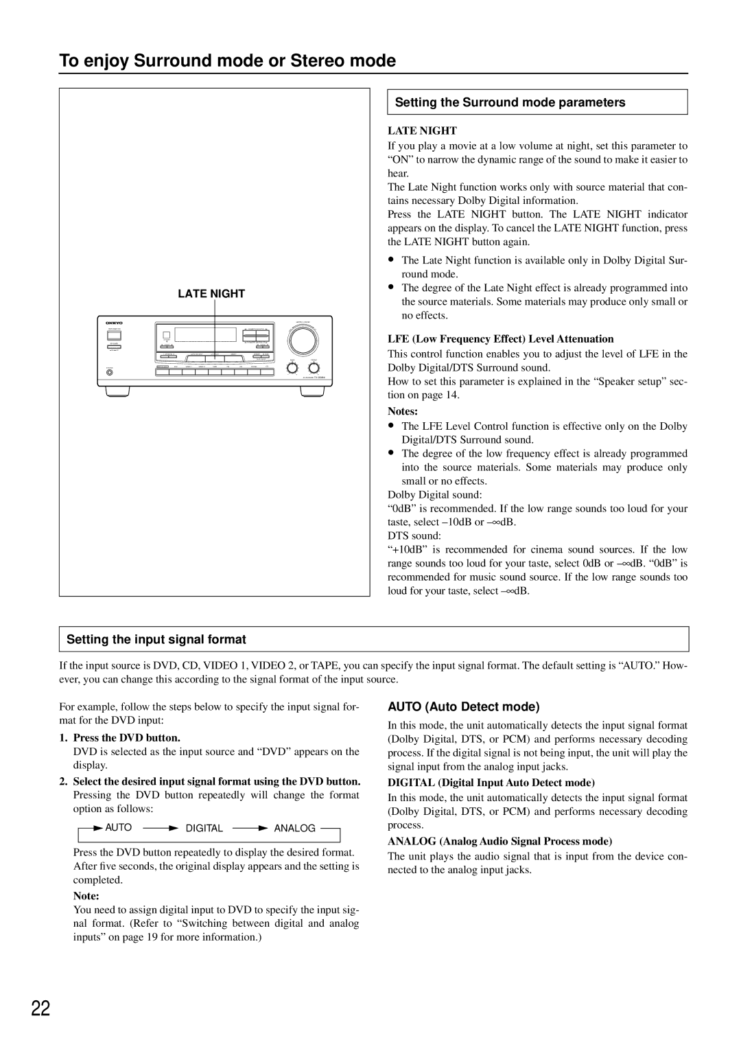 Onkyo TX-DS484 Setting the Surround mode parameters, Setting the input signal format, Auto Auto Detect mode 