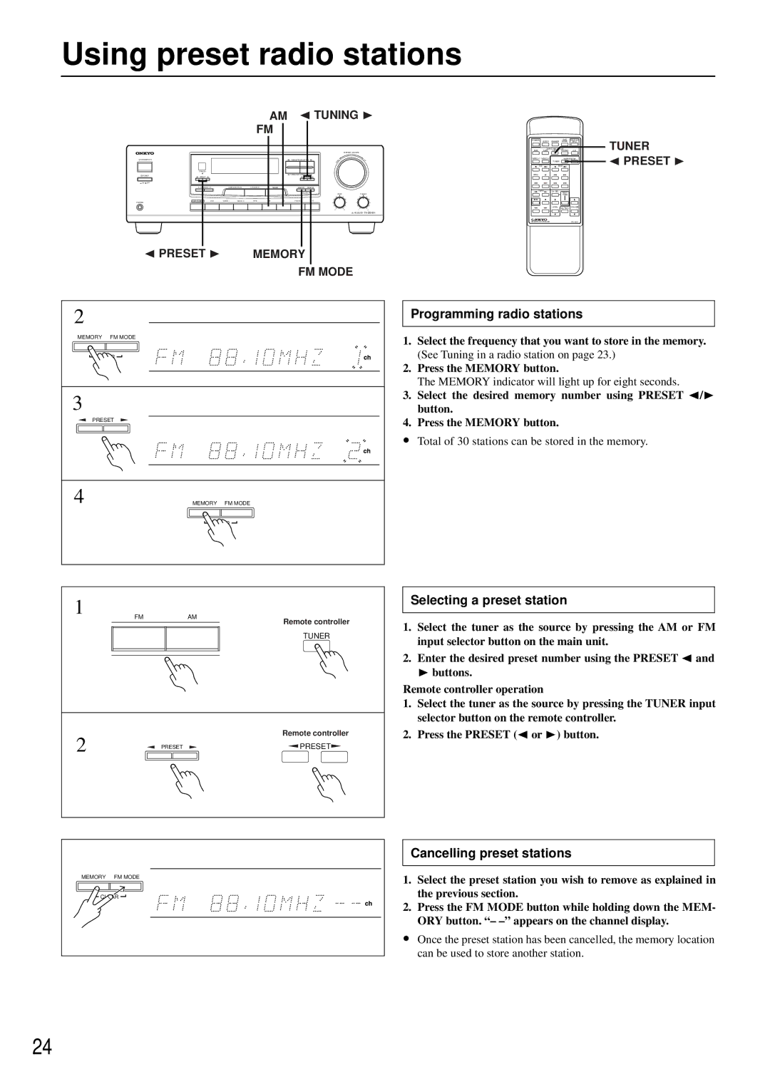 Onkyo TX-DS484 instruction manual Using preset radio stations, Programming radio stations, Selecting a preset station 