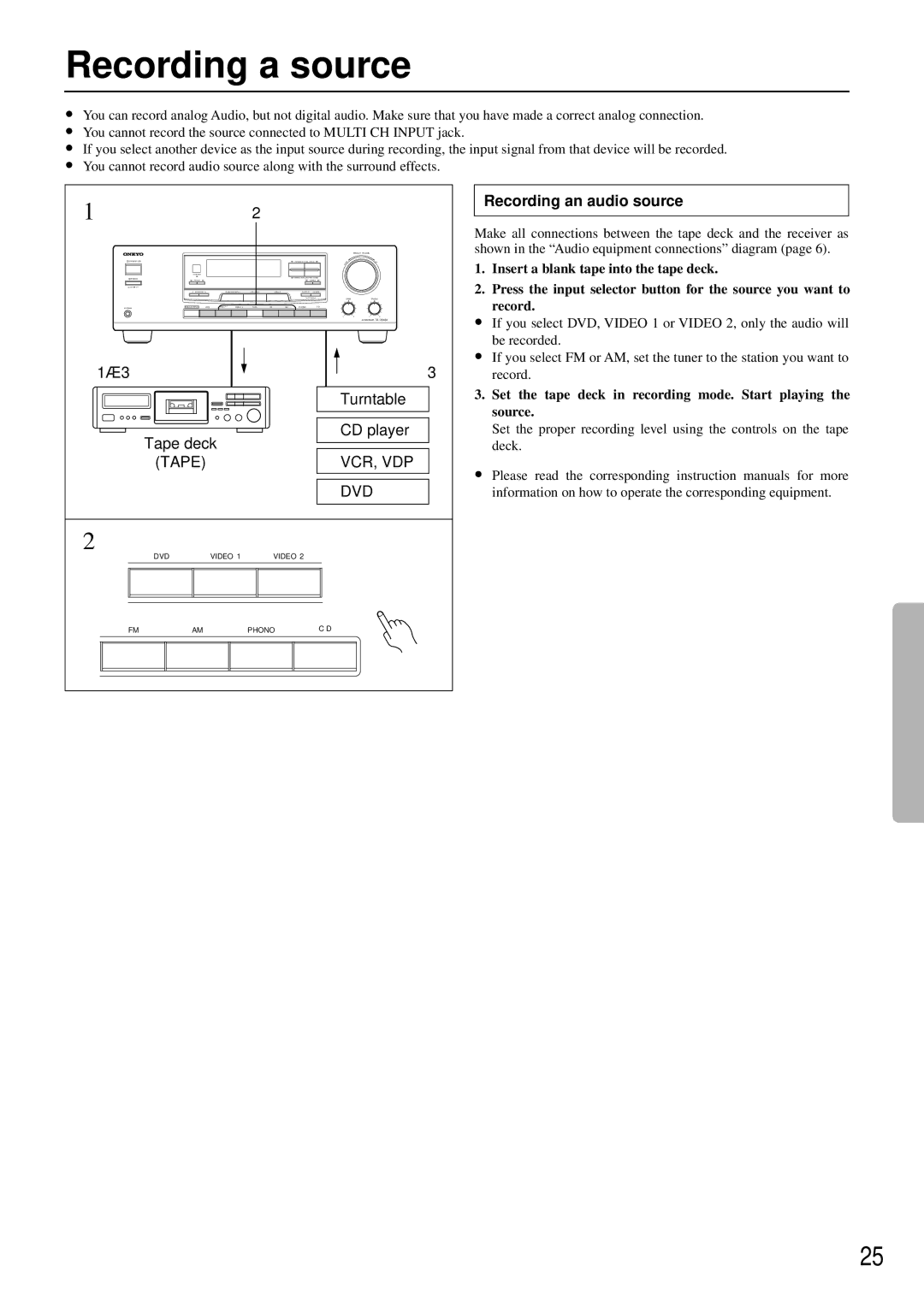 Onkyo TX-DS484 instruction manual Recording a source, Recording an audio source 