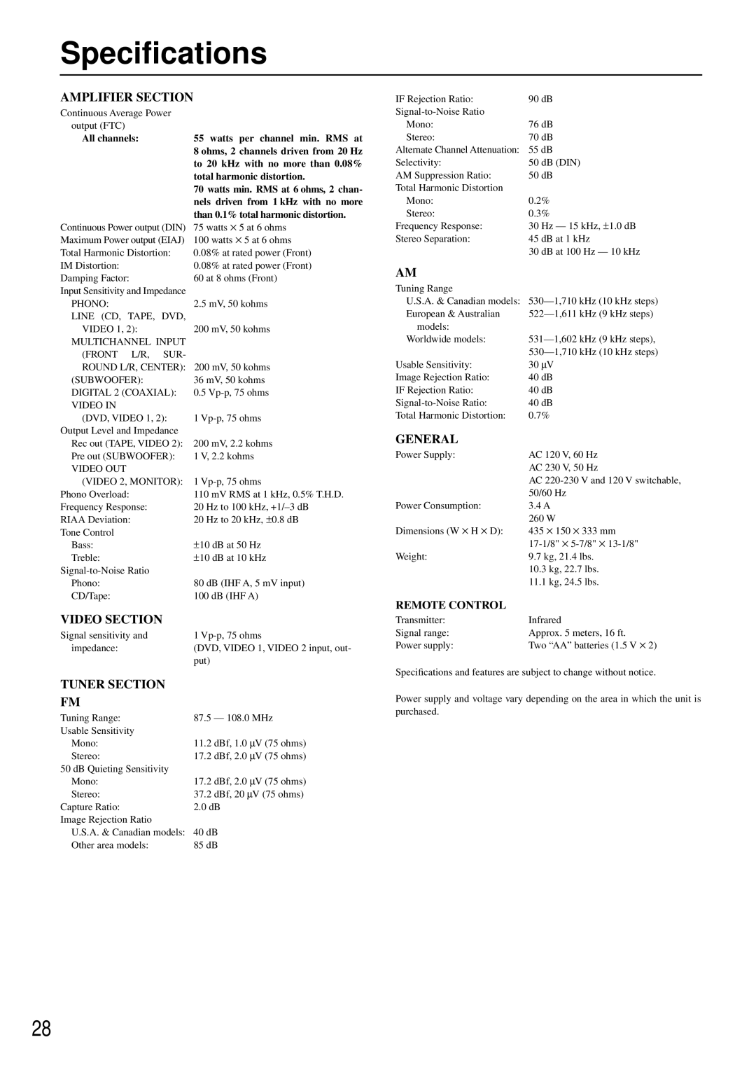 Onkyo TX-DS484 instruction manual Speciﬁcations, Amplifier Section 