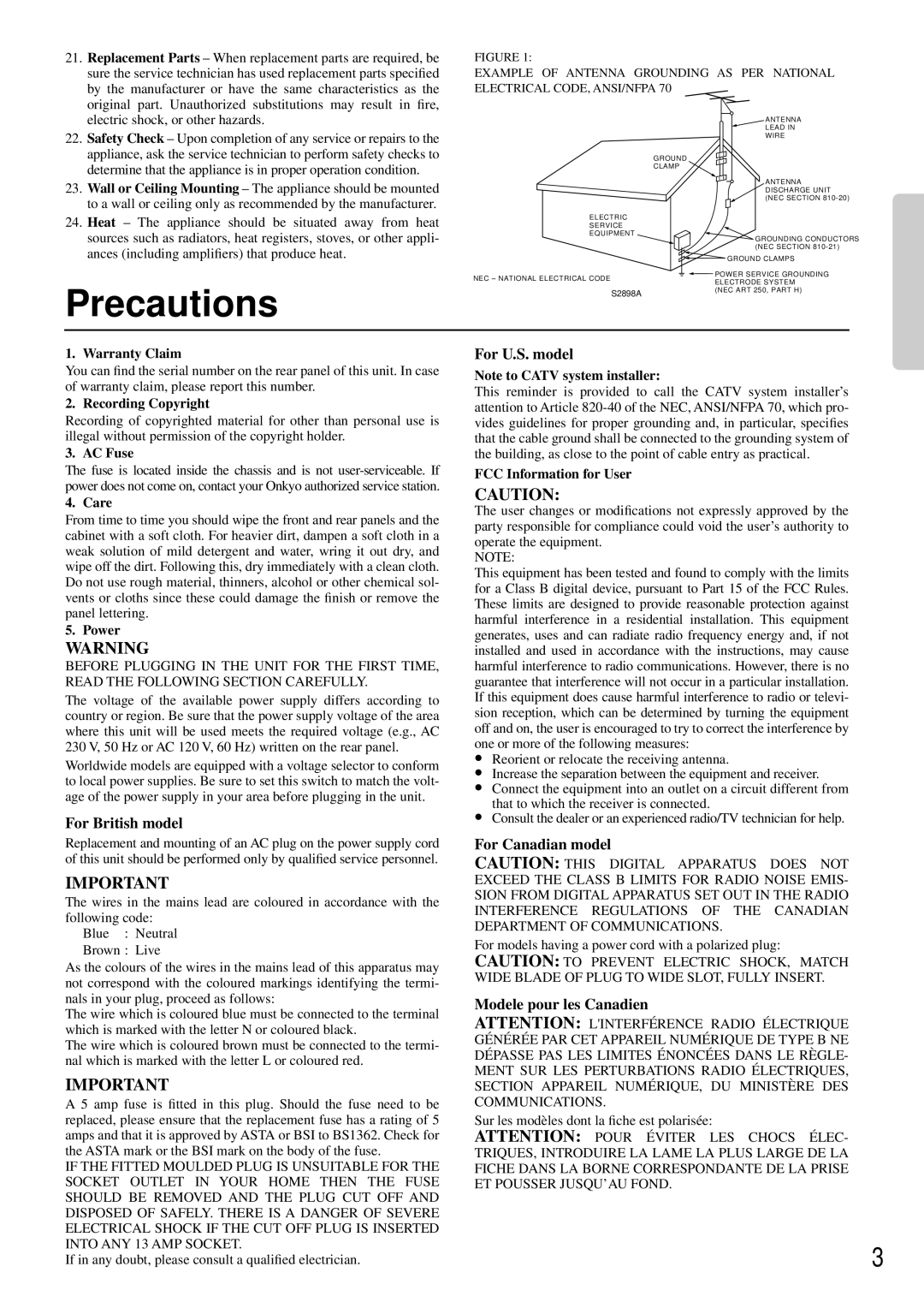 Onkyo TX-DS484 instruction manual Precautions 