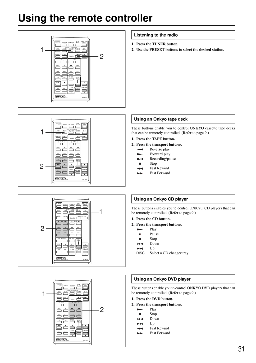 Onkyo TX-DS484 Using the remote controller, Listening to the radio, Using an Onkyo tape deck, Using an Onkyo CD player 