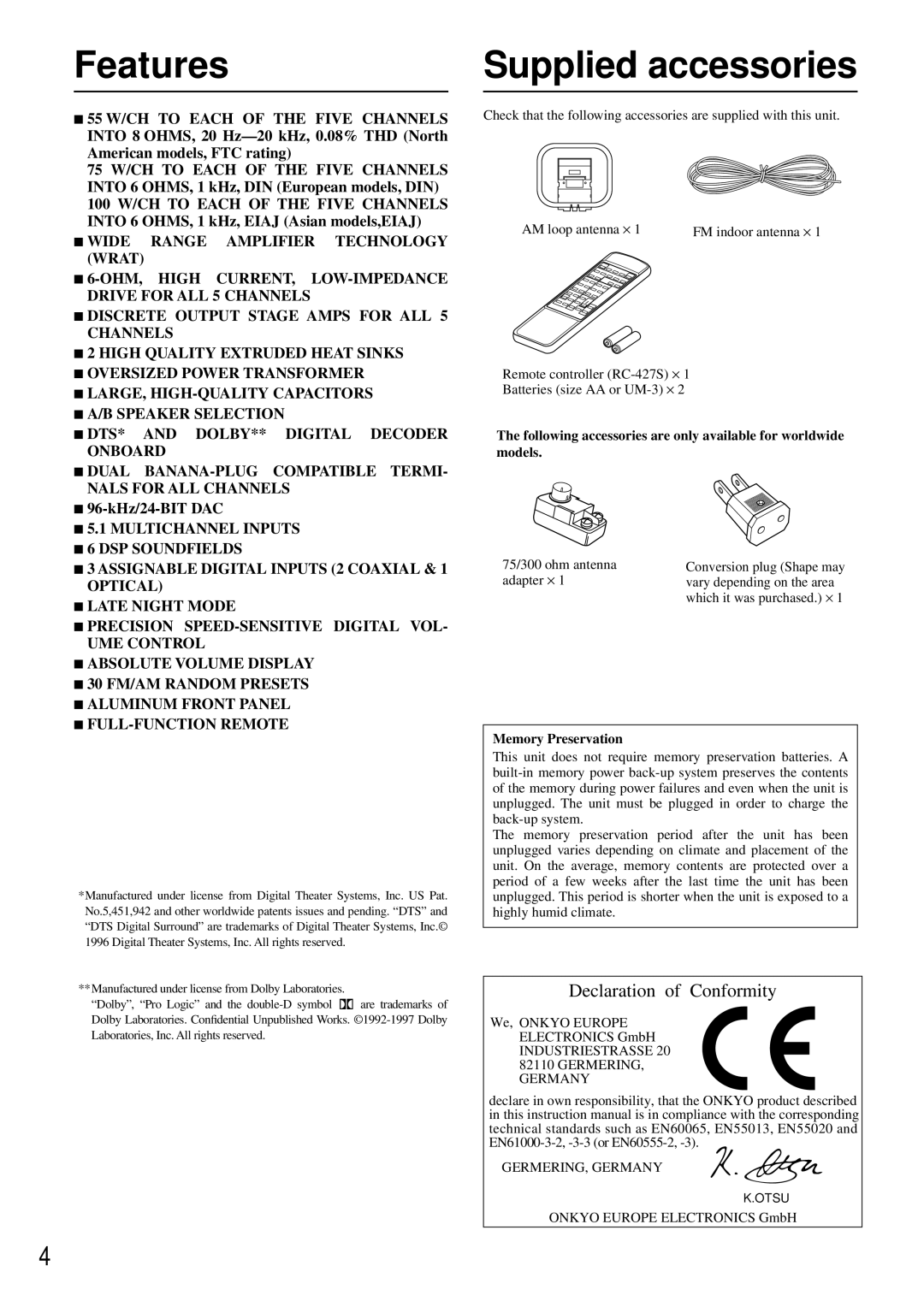 Onkyo TX-DS484 instruction manual Features, Supplied accessories, Memory Preservation 