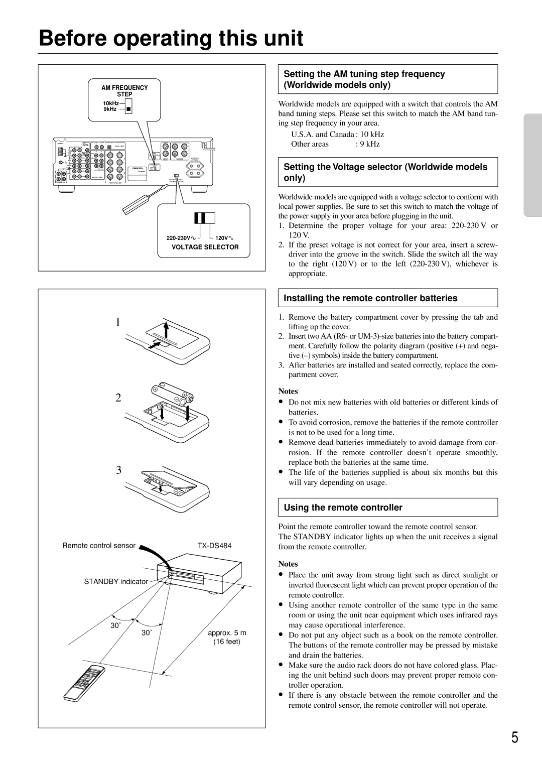 Onkyo TX-DS484 instruction manual Before operating this unit, Setting the AM tuning step frequency Worldwide models only 