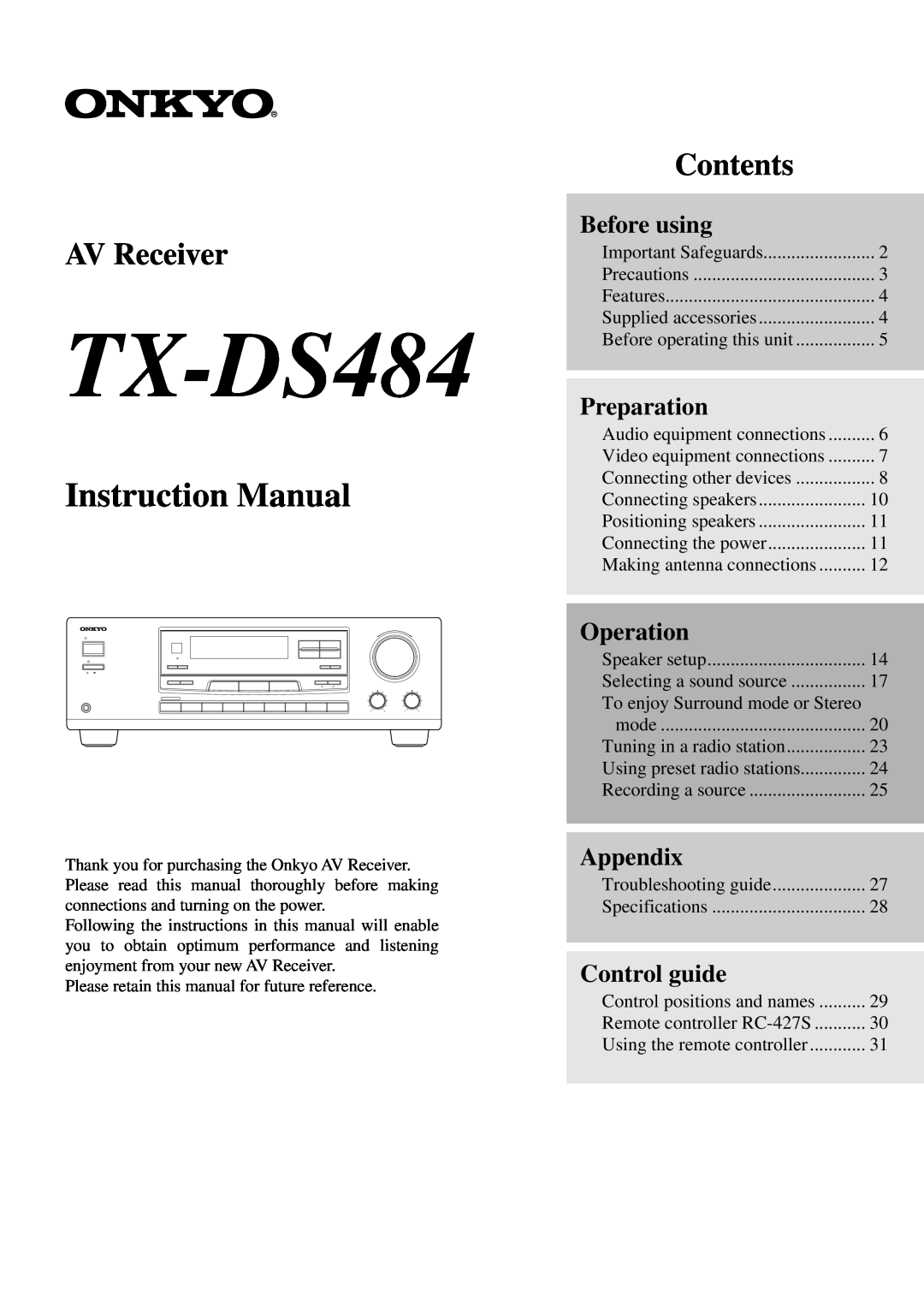 Onkyo TX-DS484 instruction manual Before using, Preparation, Operation, Appendix, Control guide, AV Receiver, Contents 
