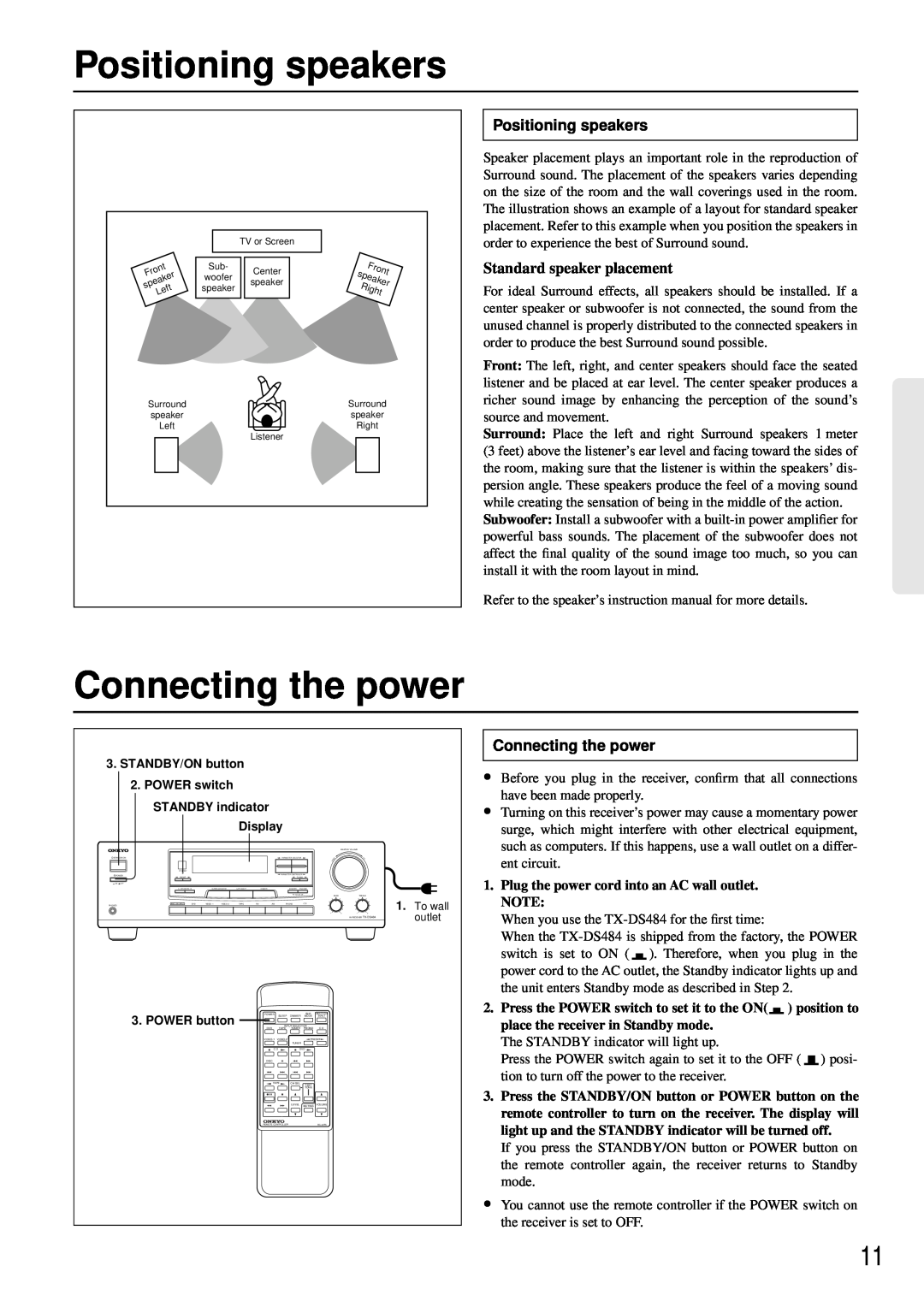 Onkyo TX-DS484 instruction manual Positioning speakers, Connecting the power, Standard speaker placement 