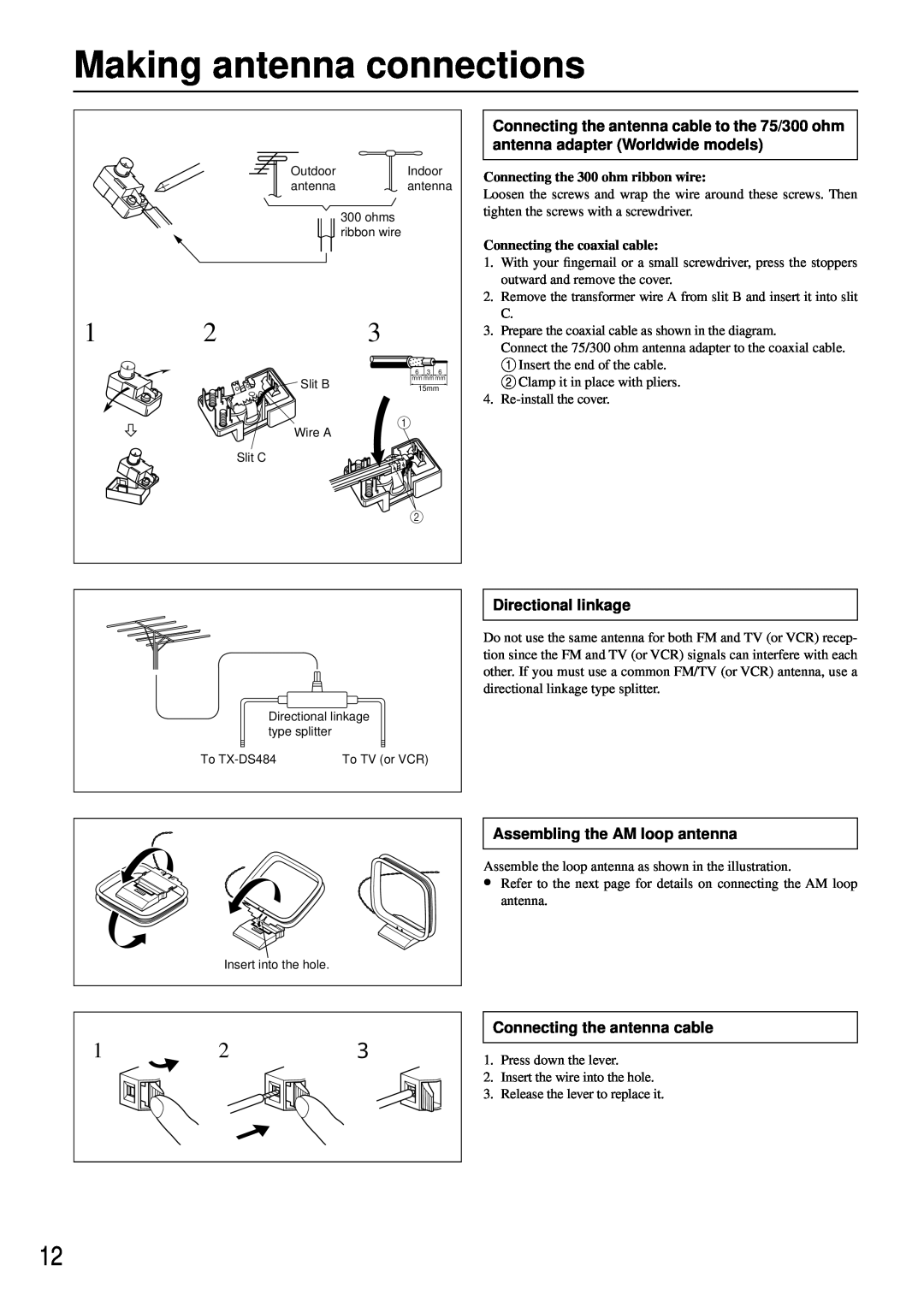 Onkyo TX-DS484 instruction manual Making antenna connections, Directional Iinkage, Assembling the AM loop antenna 