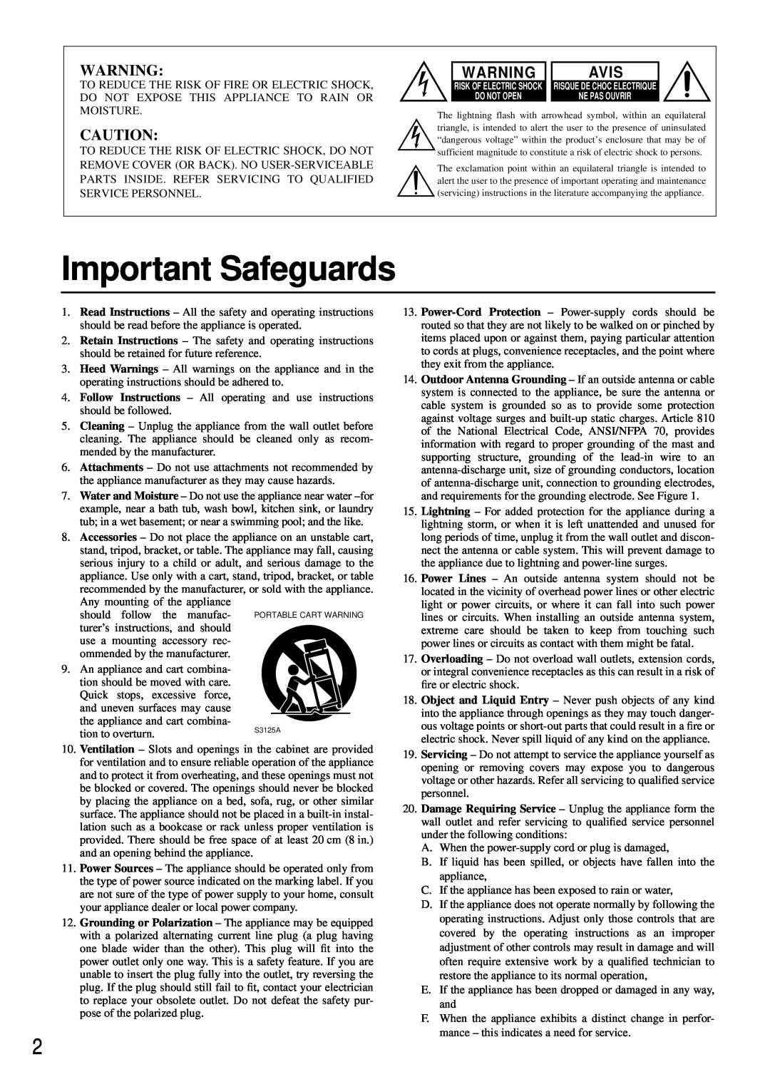 Onkyo TX-DS484 instruction manual Important Safeguards, Avis 