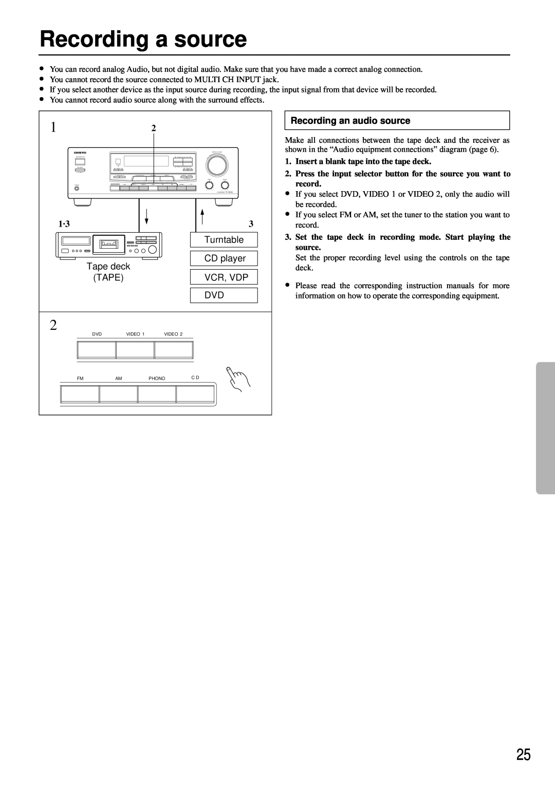 Onkyo TX-DS484 instruction manual Recording a source, Turntable, Tape deck, CD player, Vcr, Vdp, Recording an audio source 