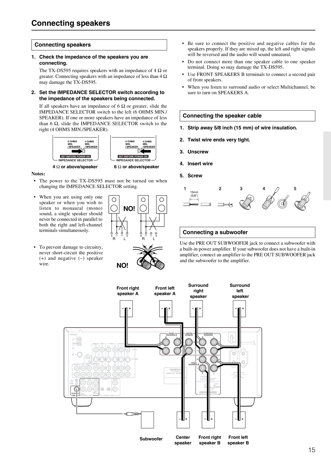 Onkyo TX-DS595 appendix Connecting speakers, Connecting the speaker cable, Connecting a subwoofer 