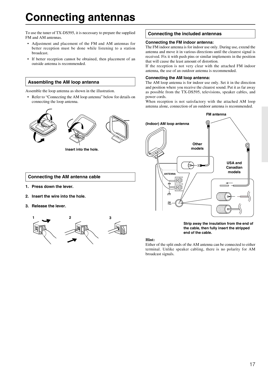 Onkyo TX-DS595 appendix Connecting antennas, Assembling the AM loop antenna, Connecting the included antennas 