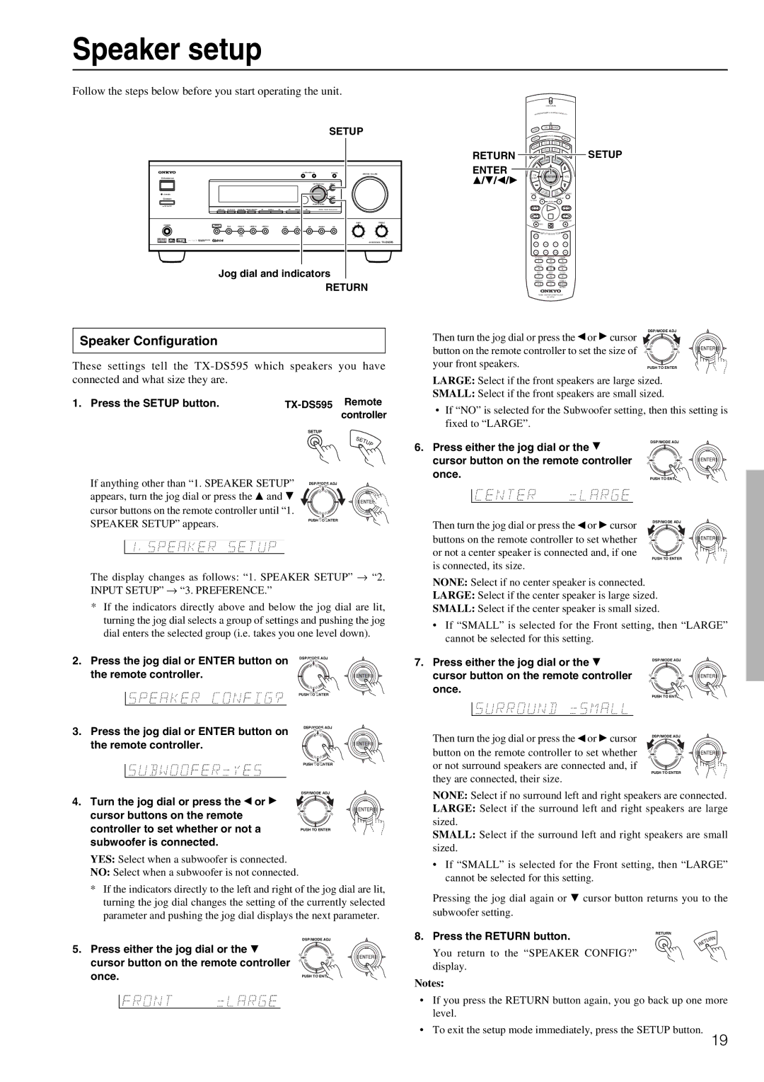 Onkyo TX-DS595 appendix Speaker setup, Speaker Configuration, Setup, Return, Enter 