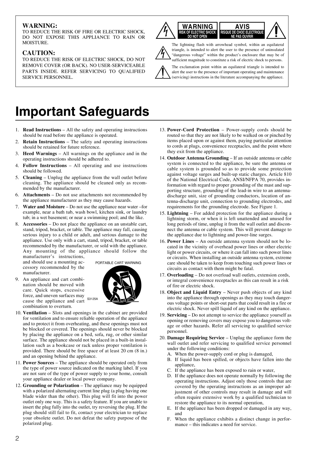 Onkyo TX-DS595 appendix Important Safeguards, Avis 