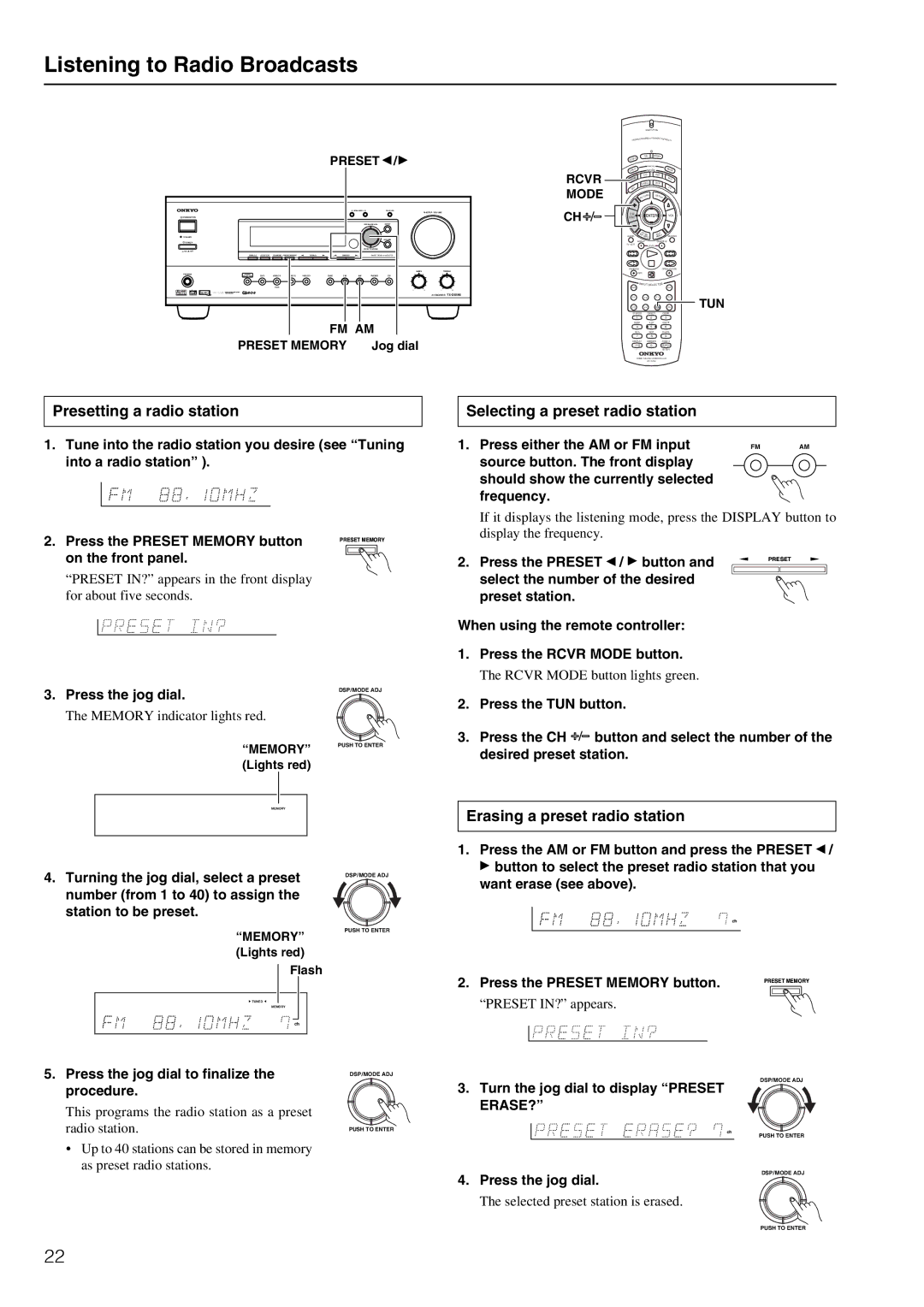 Onkyo TX-DS595 appendix Listening to Radio Broadcasts, Presetting a radio station Selecting a preset radio station 