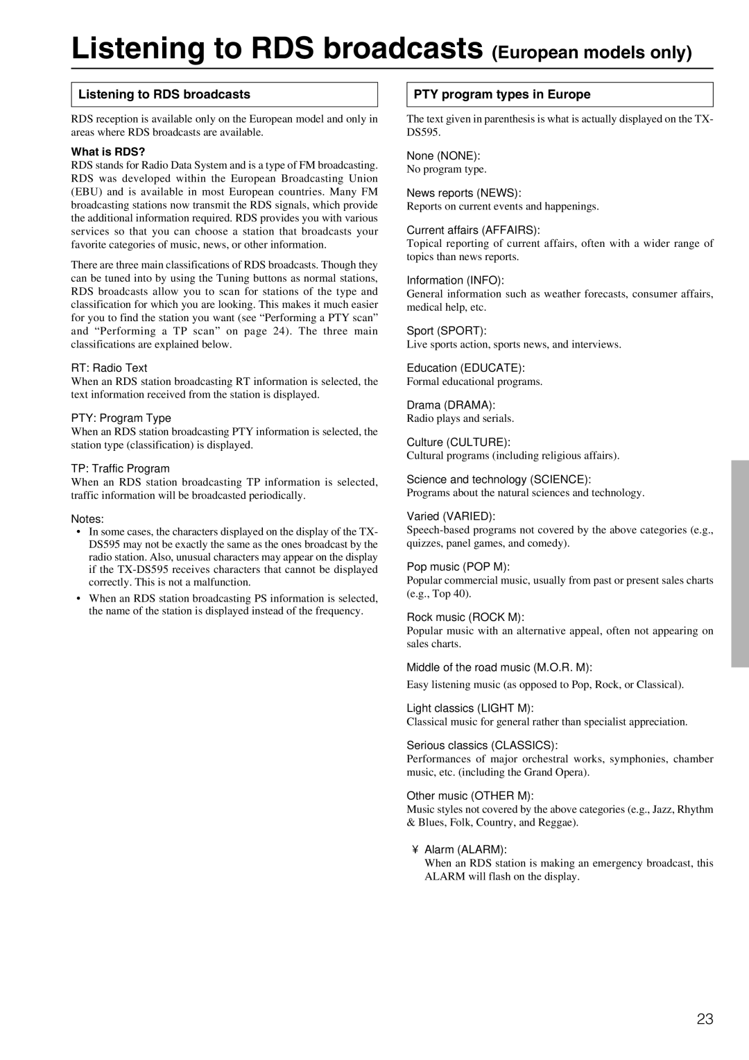 Onkyo TX-DS595 appendix Listening to RDS broadcasts European models only, PTY program types in Europe, What is RDS? 