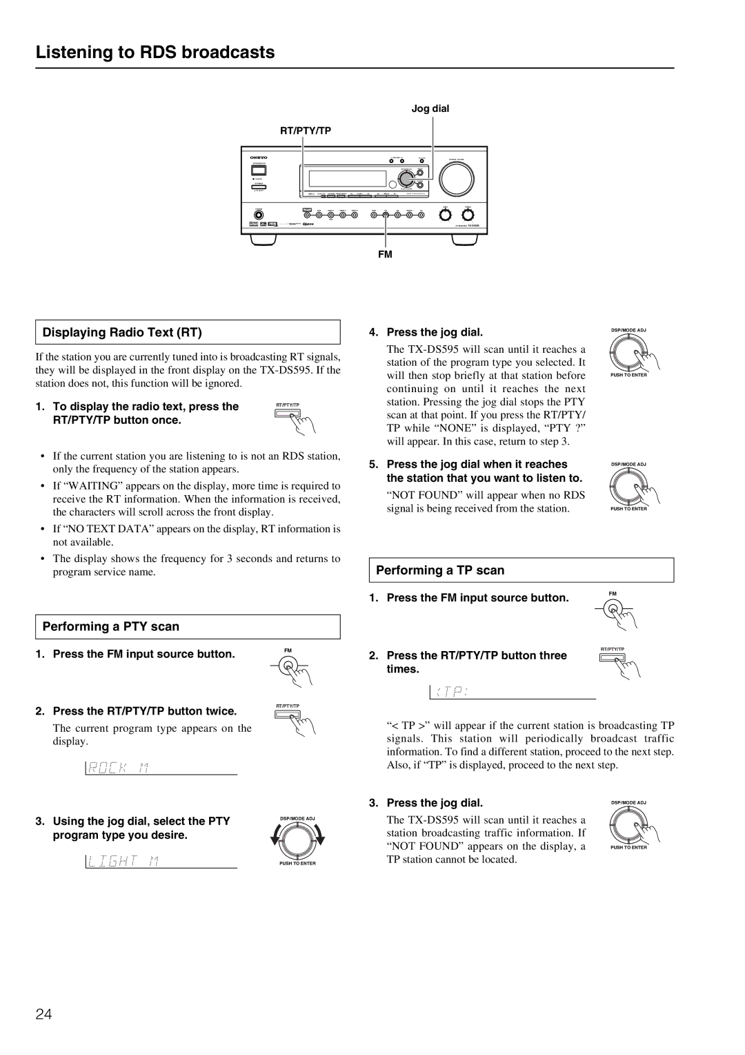 Onkyo TX-DS595 appendix Listening to RDS broadcasts, Displaying Radio Text RT, Performing a TP scan, Performing a PTY scan 