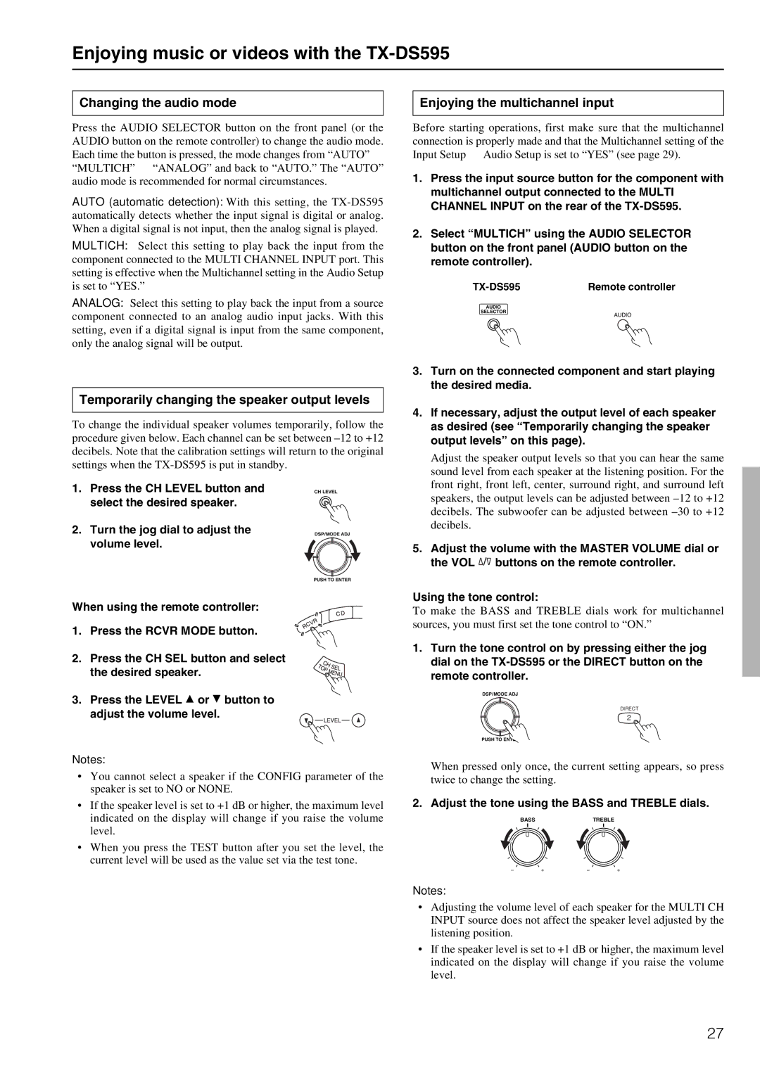 Onkyo TX-DS595 Changing the audio mode, Temporarily changing the speaker output levels, Enjoying the multichannel input 