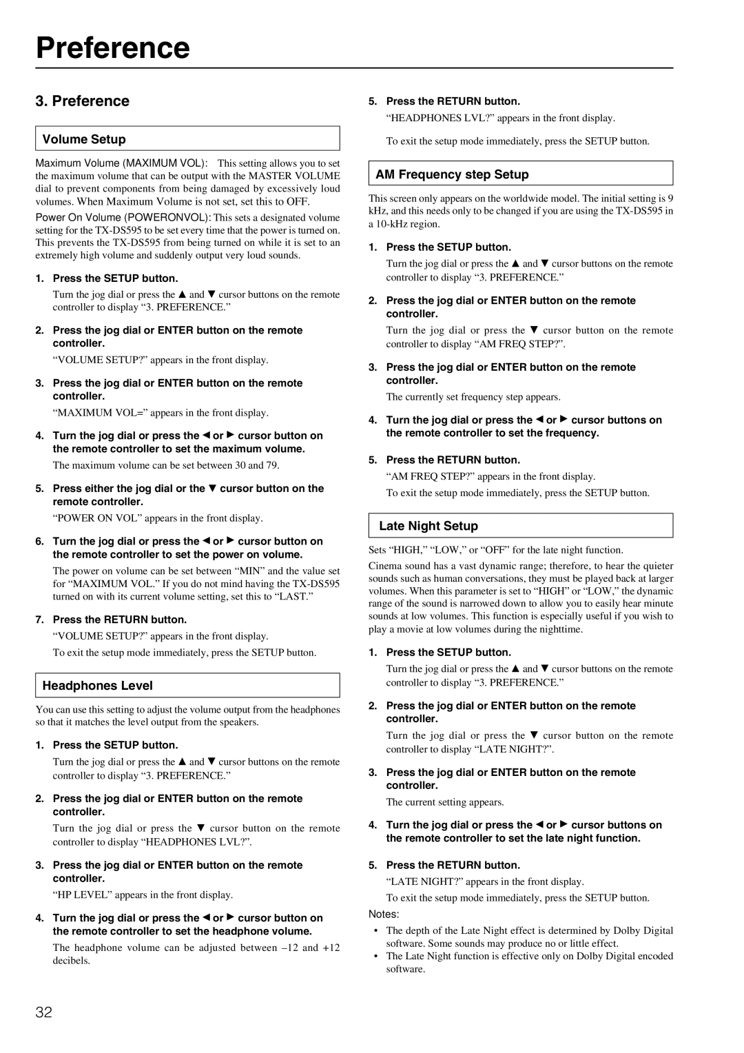 Onkyo TX-DS595 appendix Preference, Volume Setup, Headphones Level, AM Frequency step Setup, Late Night Setup 