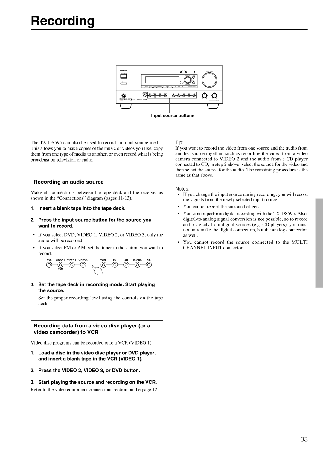 Onkyo TX-DS595 appendix Recording an audio source, Input source buttons 