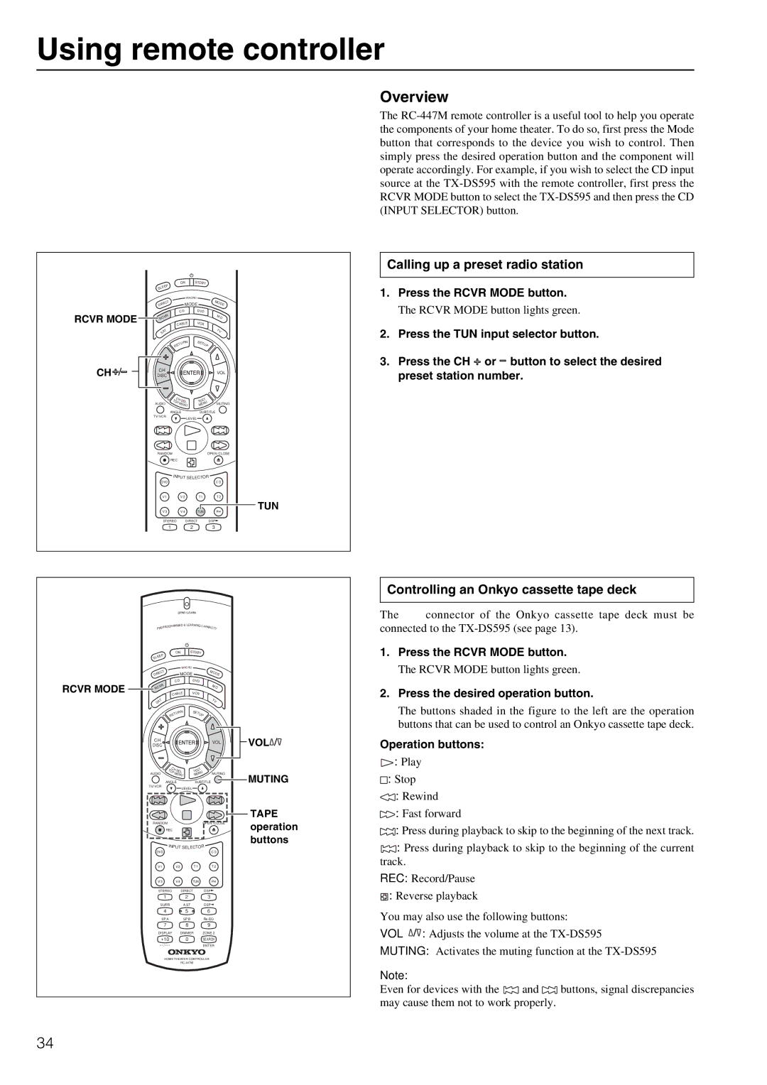 Onkyo TX-DS595 appendix Using remote controller, Calling up a preset radio station, Controlling an Onkyo cassette tape deck 