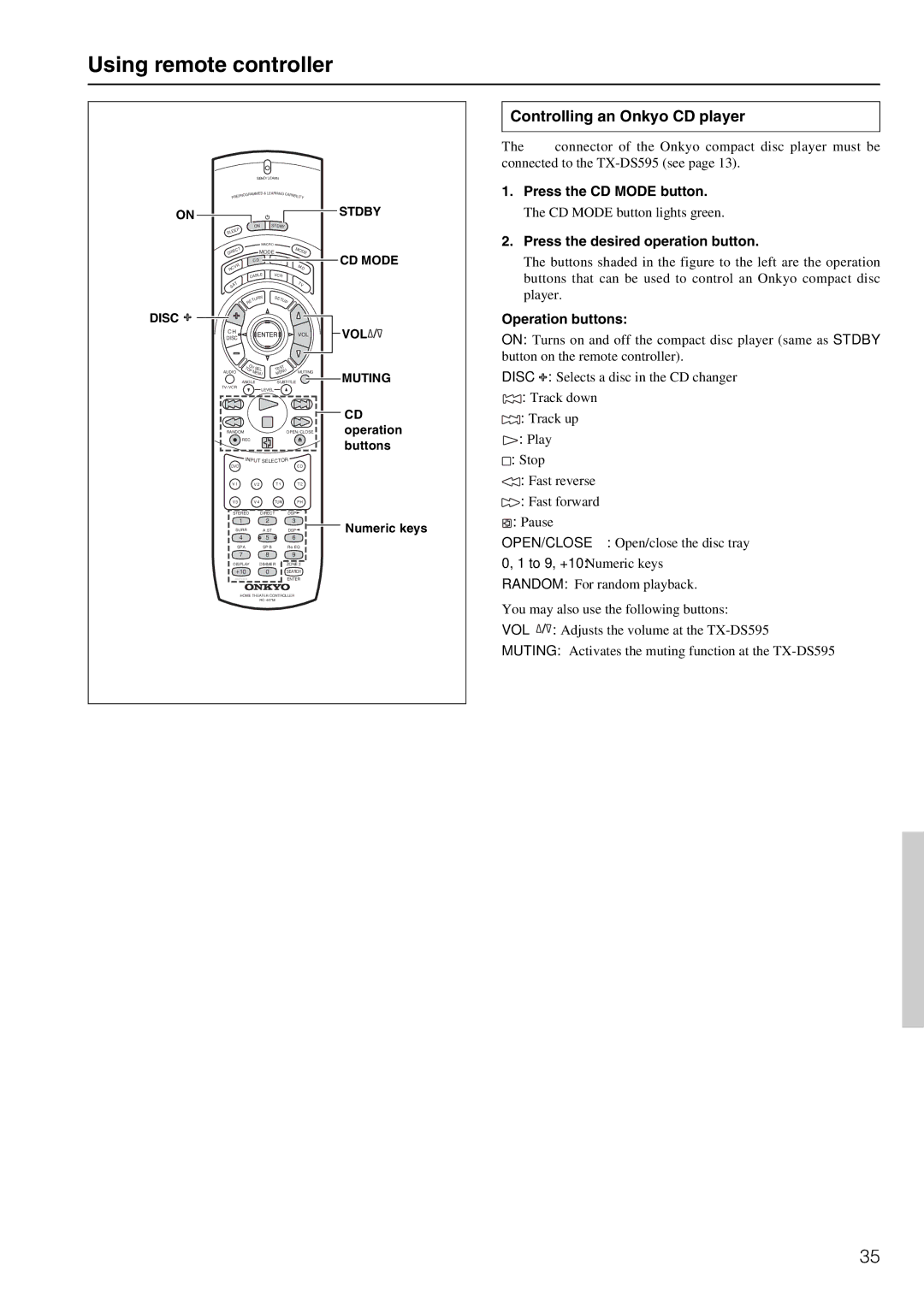 Onkyo TX-DS595 Using remote controller, Controlling an Onkyo CD player, Press the CD Mode button, To 9, +10 Numeric keys 