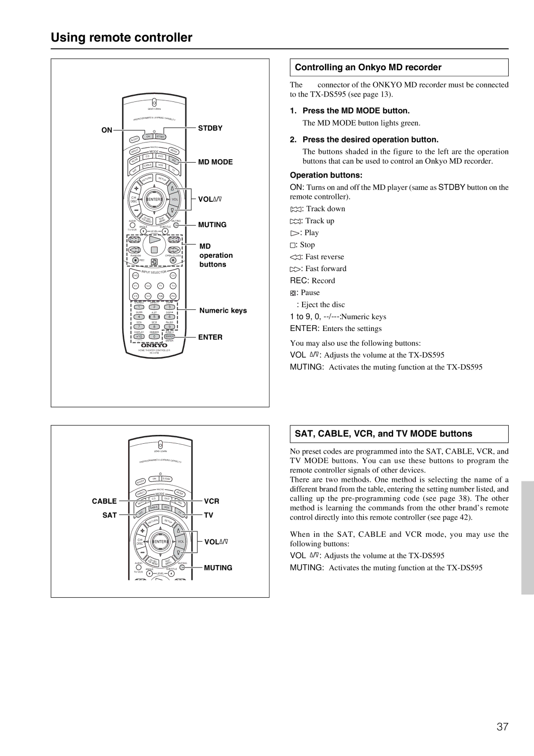 Onkyo TX-DS595 appendix Controlling an Onkyo MD recorder, SAT, CABLE, VCR, and TV Mode buttons, Press the MD Mode button 