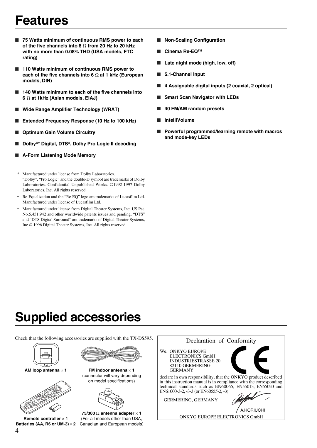 Onkyo TX-DS595 appendix Features, Supplied accessories 