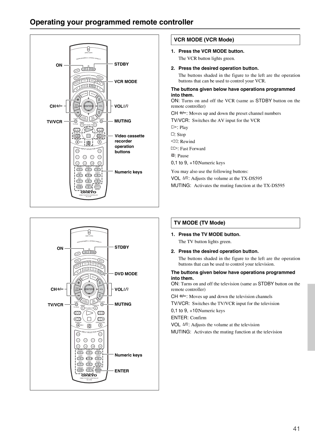 Onkyo TX-DS595 Operating your programmed remote controller, VCR Mode VCR Mode, TV Mode TV Mode, Press the VCR Mode button 