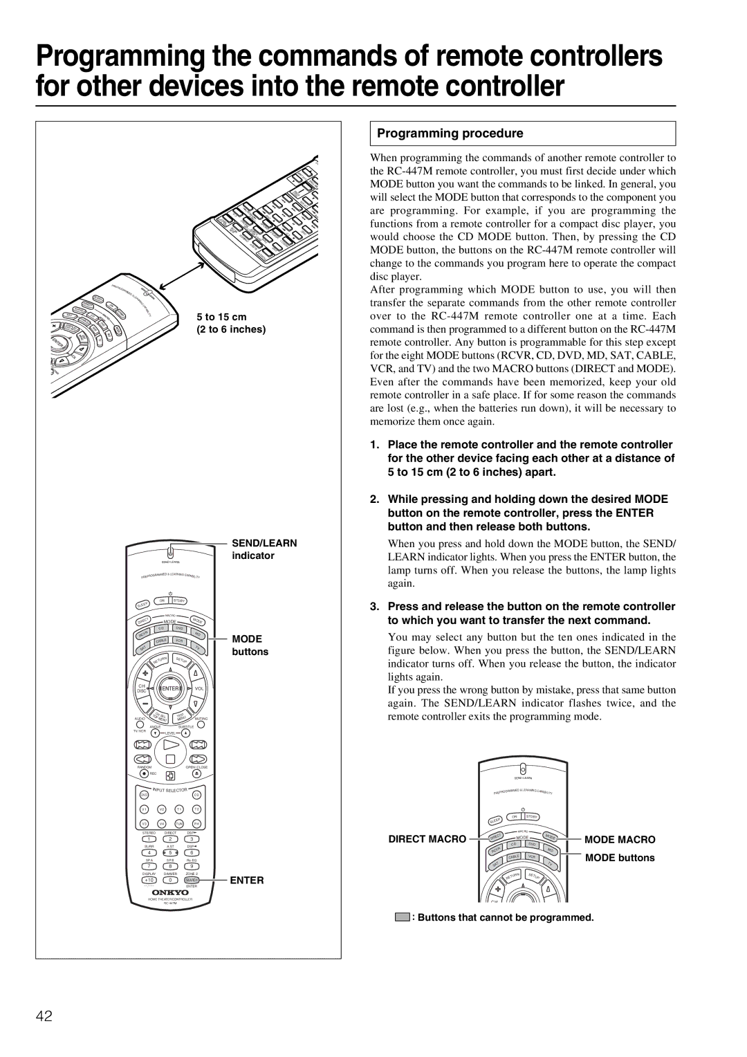Onkyo TX-DS595 Programming procedure, To 15 cm To 6 inches, Direct Macro, Mode Macro, Buttons that cannot be programmed 