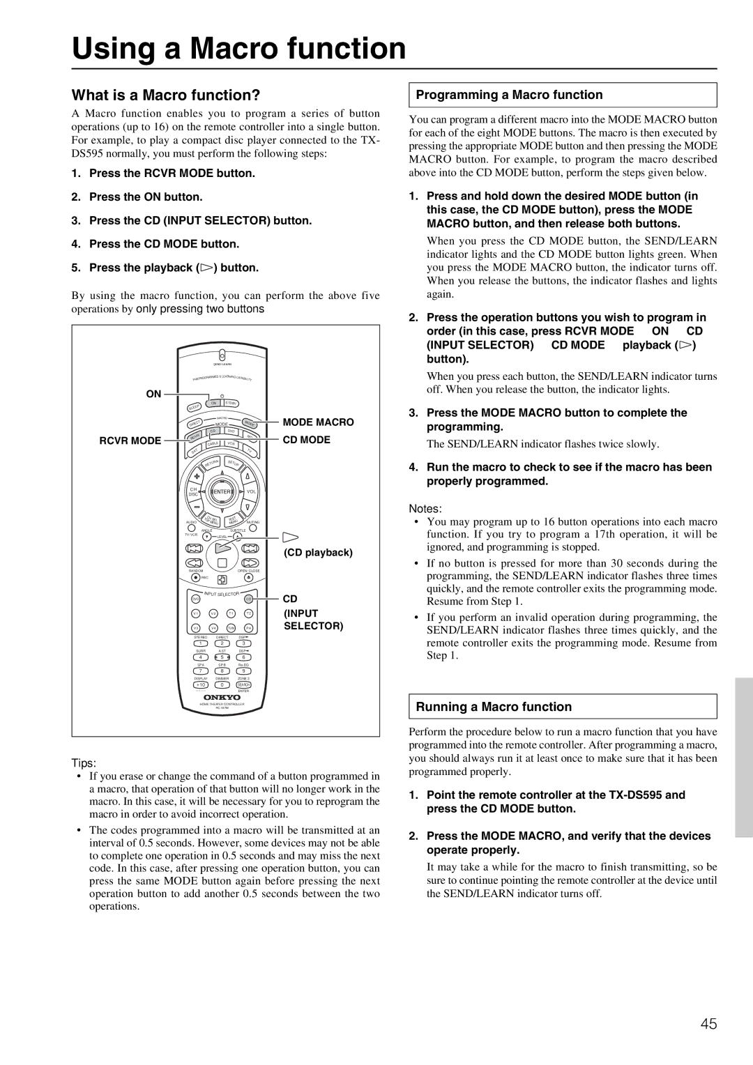 Onkyo TX-DS595 appendix Using a Macro function, Programming a Macro function, Running a Macro function 