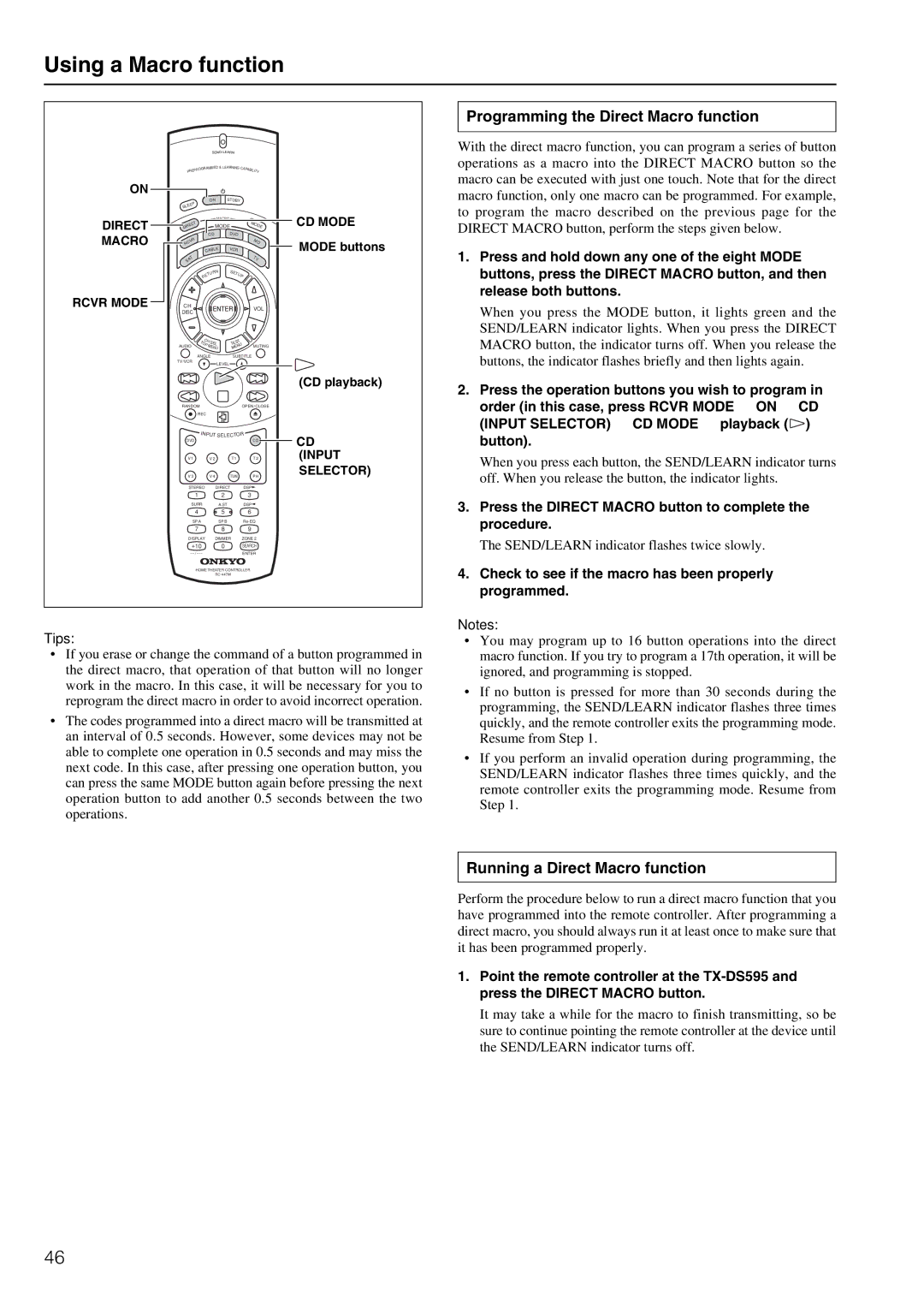 Onkyo TX-DS595 appendix Using a Macro function, Programming the Direct Macro function, Running a Direct Macro function 