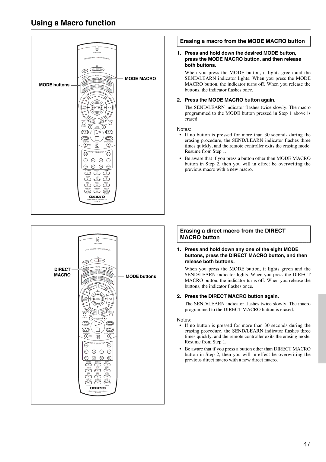 Onkyo TX-DS595 appendix Erasing a macro from the Mode Macro button, Erasing a direct macro from the Direct Macro button 