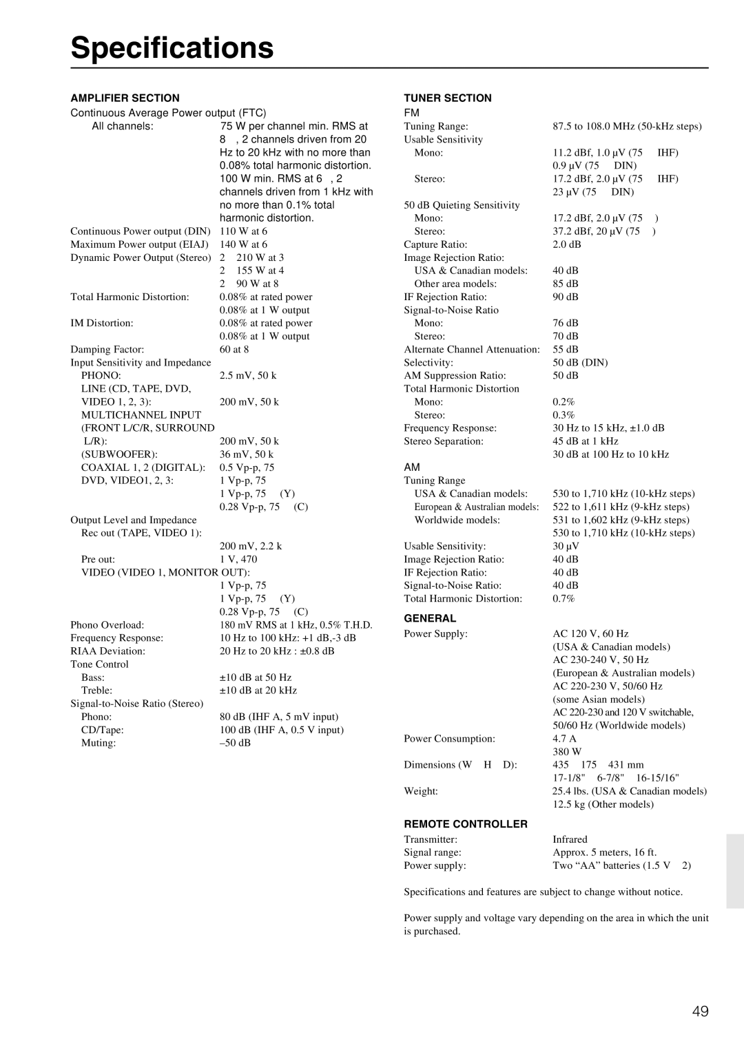 Onkyo TX-DS595 appendix Tuner Section, General, Remote Controller 