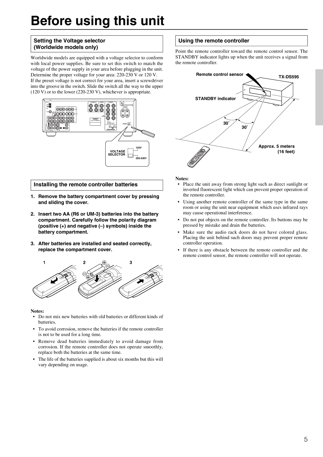 Onkyo TX-DS595 Before using this unit, Setting the Voltage selector Worldwide models only, Using the remote controller 