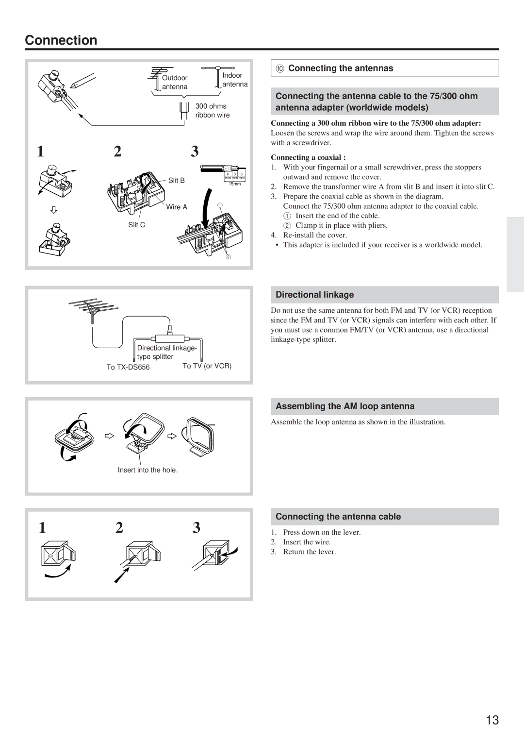 Onkyo TX-DS656 Connecting the antenna cable to the 75/300 ohm, Antenna adapter worldwide models, Directional linkage 