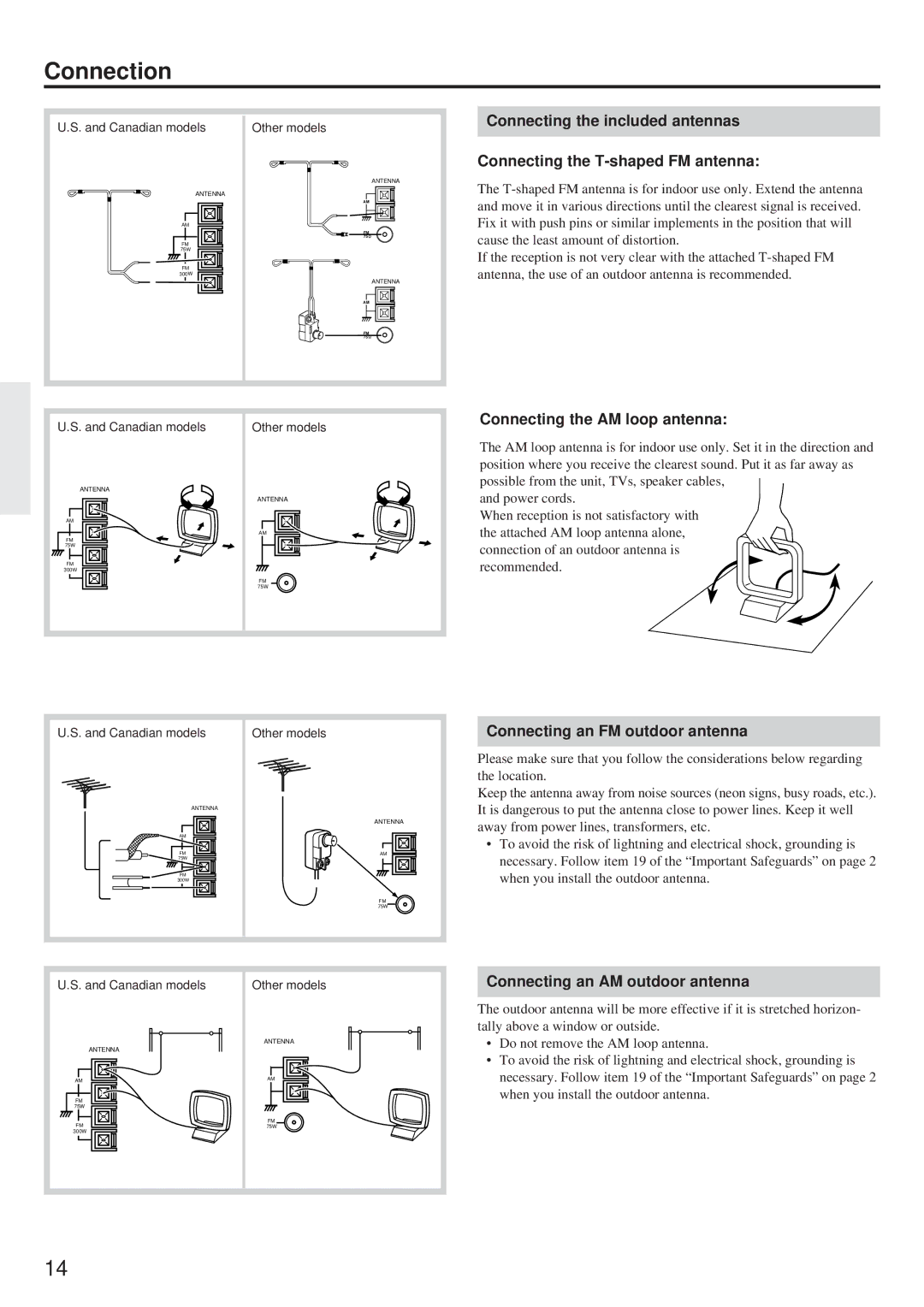 Onkyo TX-DS656 Connecting the AM loop antenna, Connecting an FM outdoor antenna, Connecting an AM outdoor antenna 