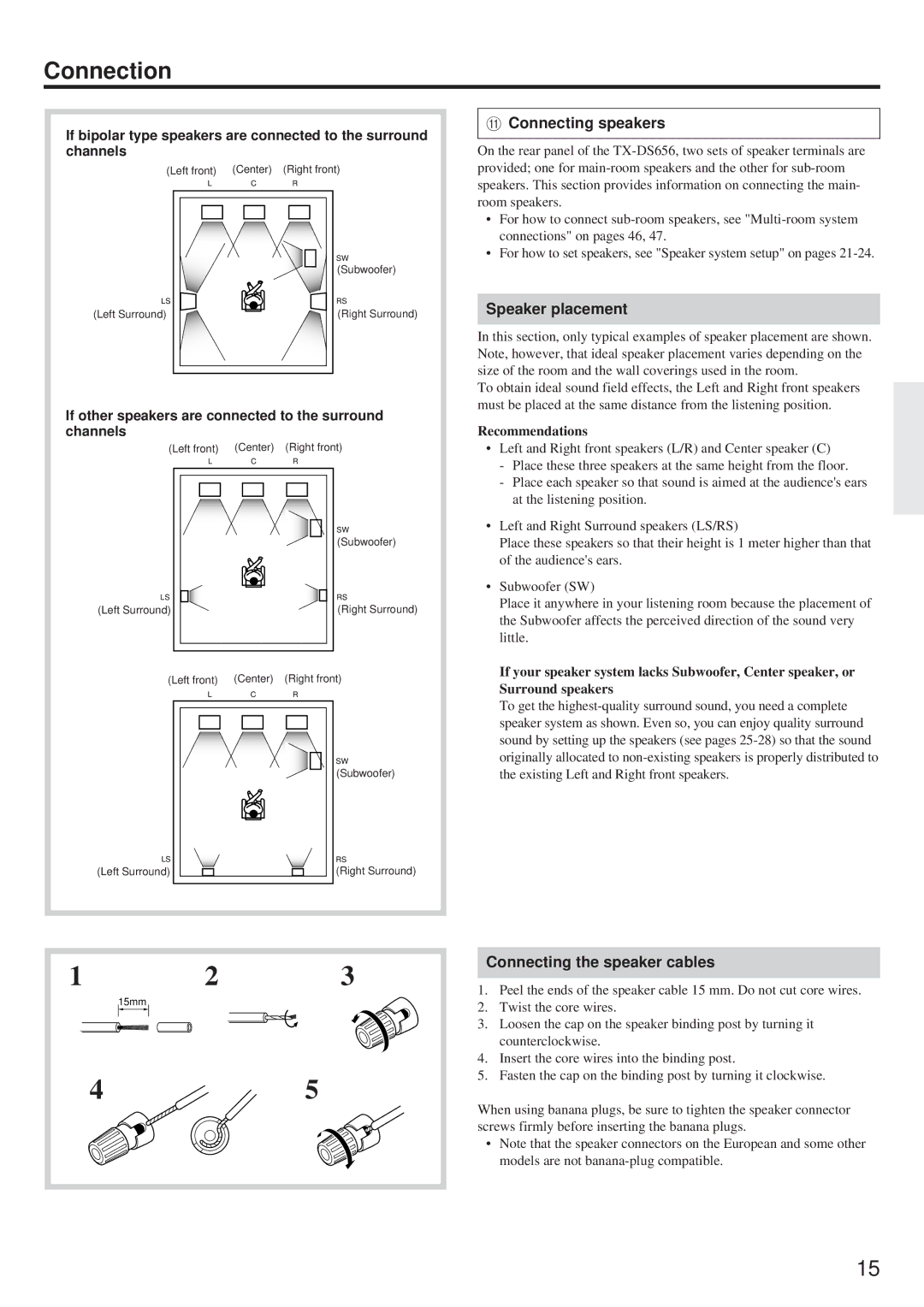 Onkyo TX-DS656 instruction manual Speaker placement, Connecting the speaker cables, Recommendations 