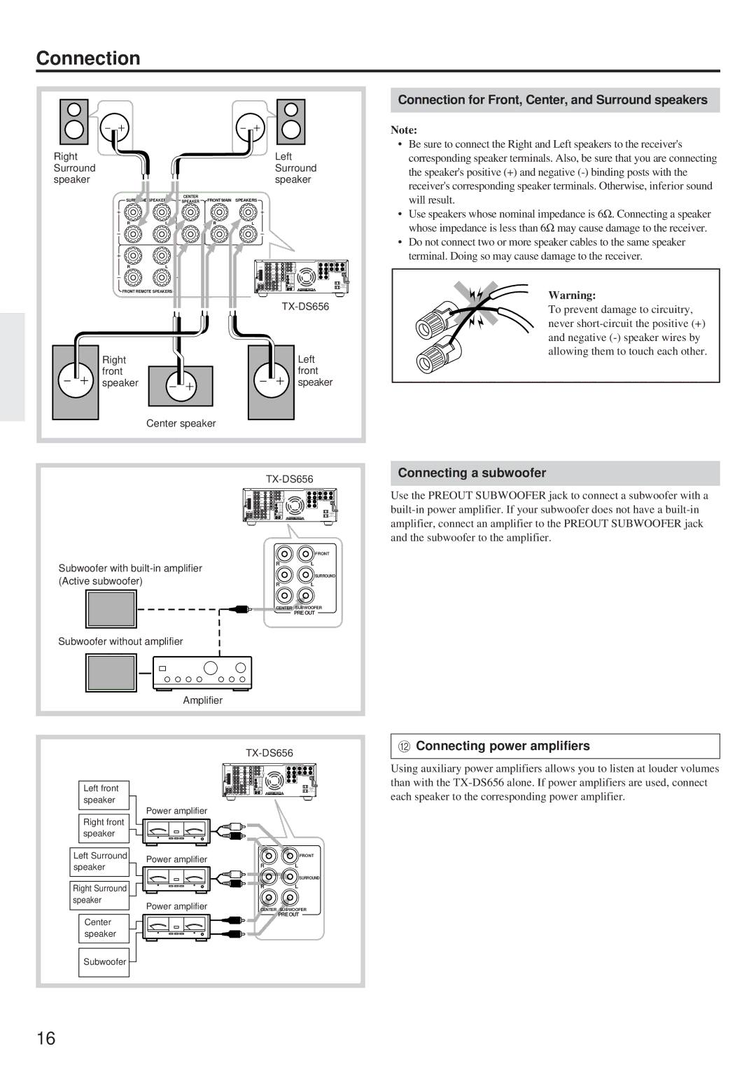 Onkyo TX-DS656 instruction manual Connecting a subwoofer 