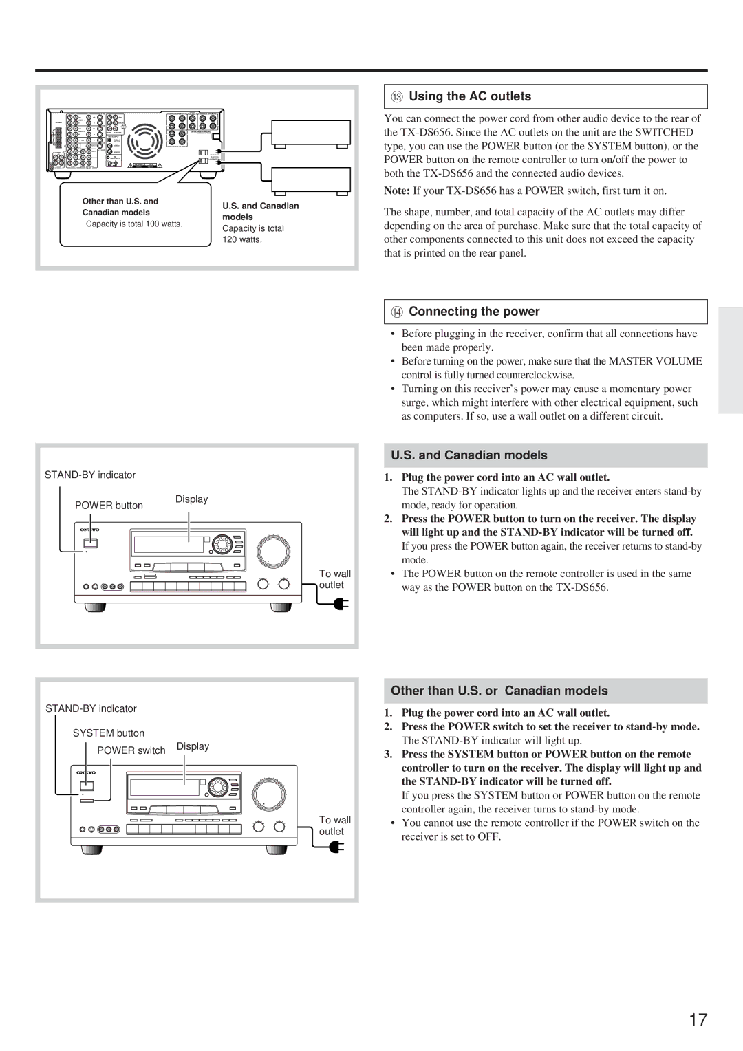 Onkyo TX-DS656 Connecting the power, Other than U.S. or Canadian models, Plug the power cord into an AC wall outlet 