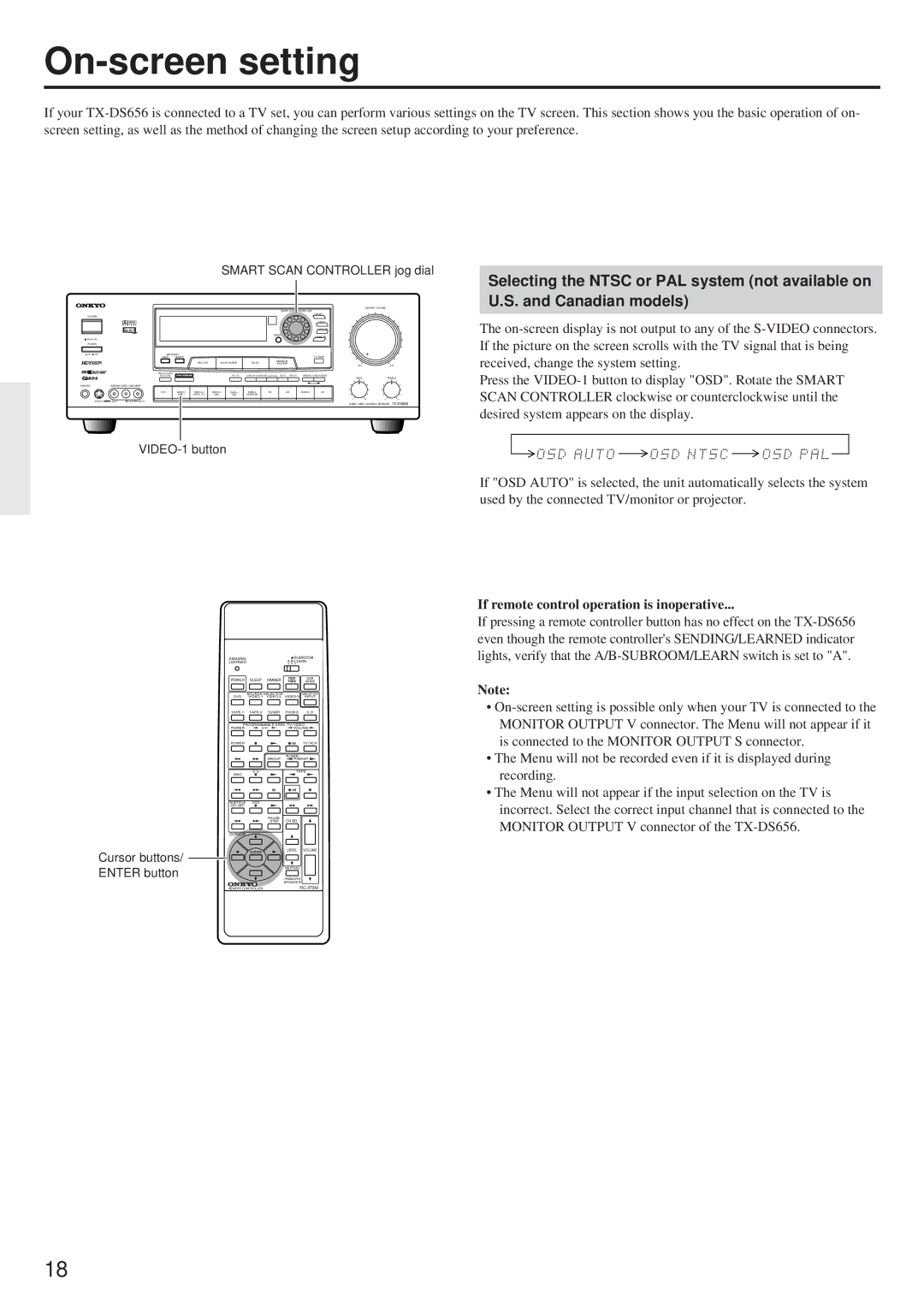 Onkyo TX-DS656 instruction manual On-screen setting, If remote control operation is inoperative 