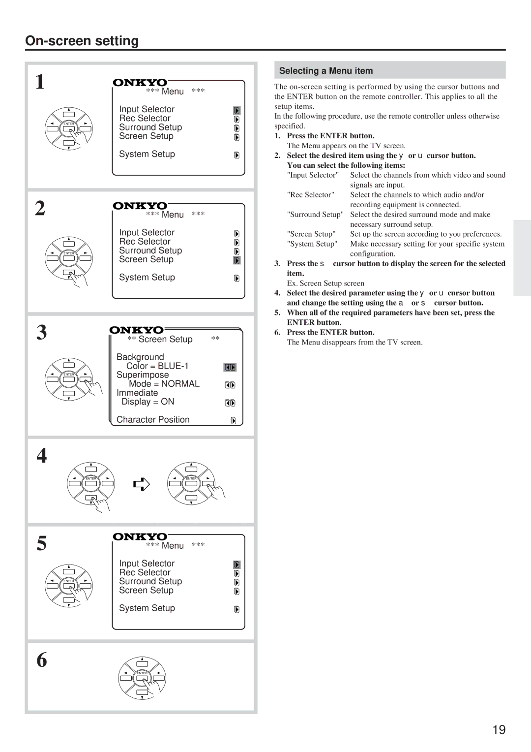 Onkyo TX-DS656 instruction manual On-screen setting, Selecting a Menu item, Press the Enter button 