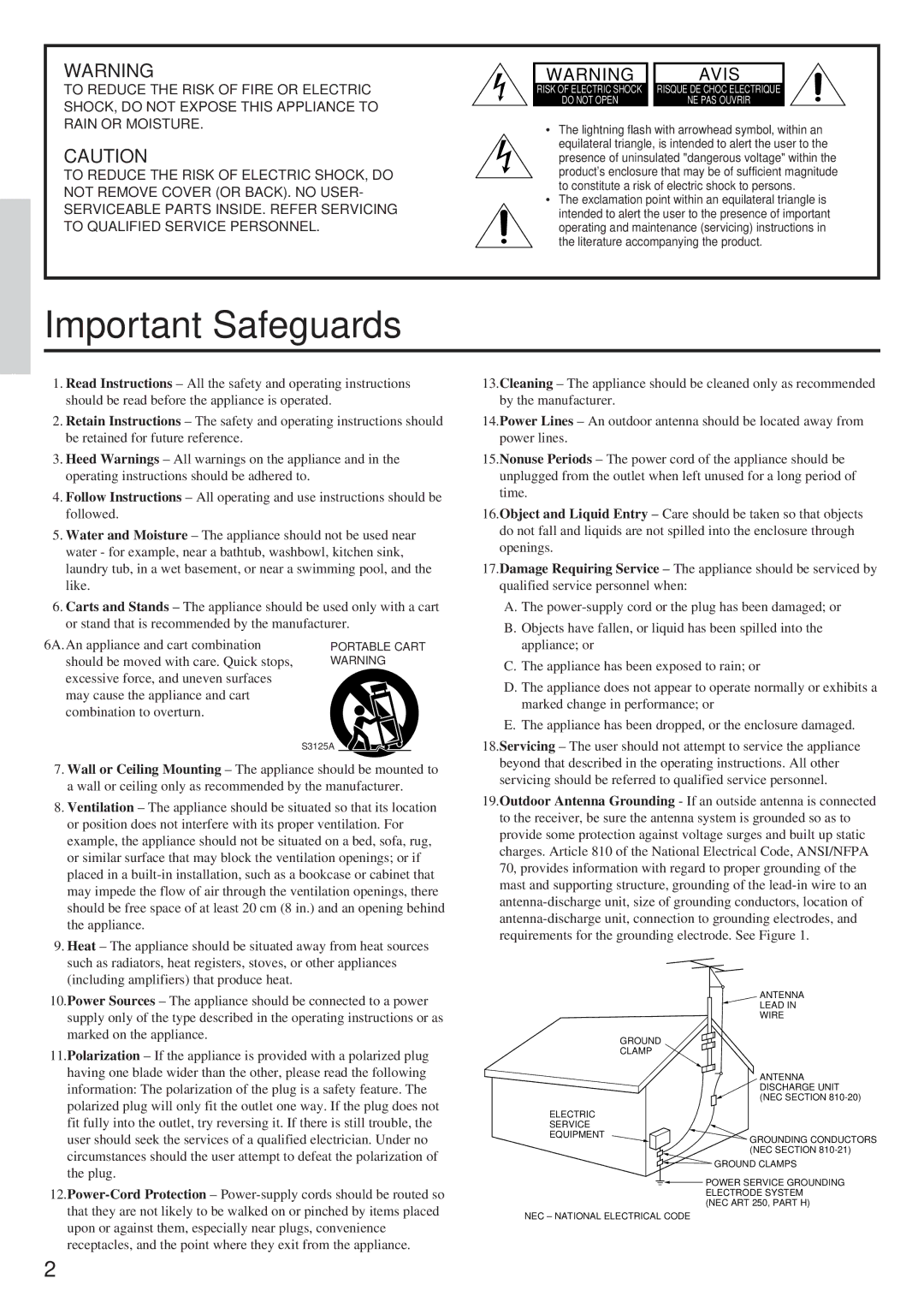 Onkyo TX-DS656 instruction manual Important Safeguards, Avis 