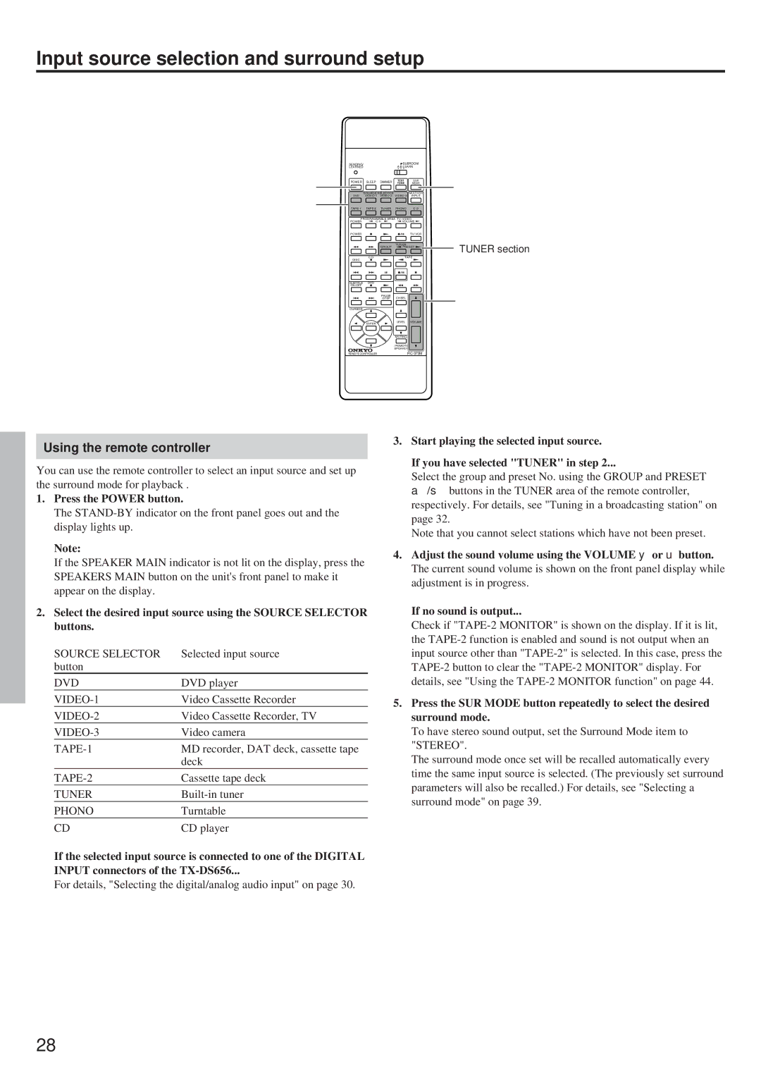 Onkyo TX-DS656 instruction manual Button, For details, Selecting the digital/analog audio input on, Tuner section 