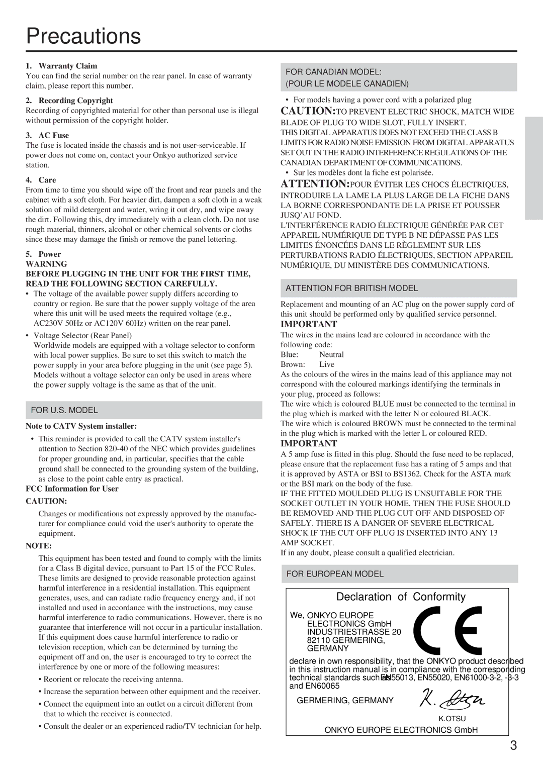 Onkyo TX-DS656 instruction manual Precautions 