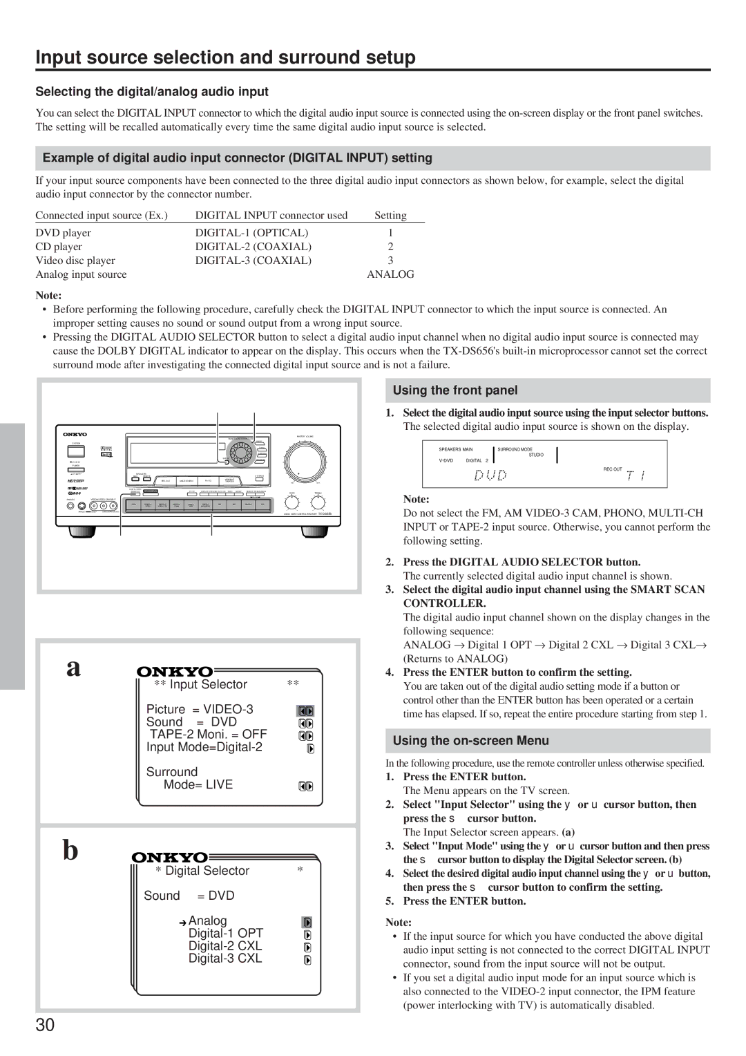 Onkyo TX-DS656 instruction manual Selecting the digital/analog audio input, Press the Digital Audio Selector button 