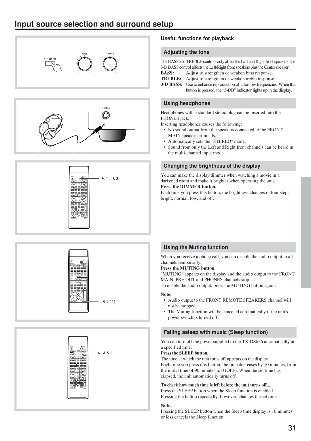 Onkyo TX-DS656 Useful functions for playback Adjusting the tone, Using headphones, Changing the brightness of the display 