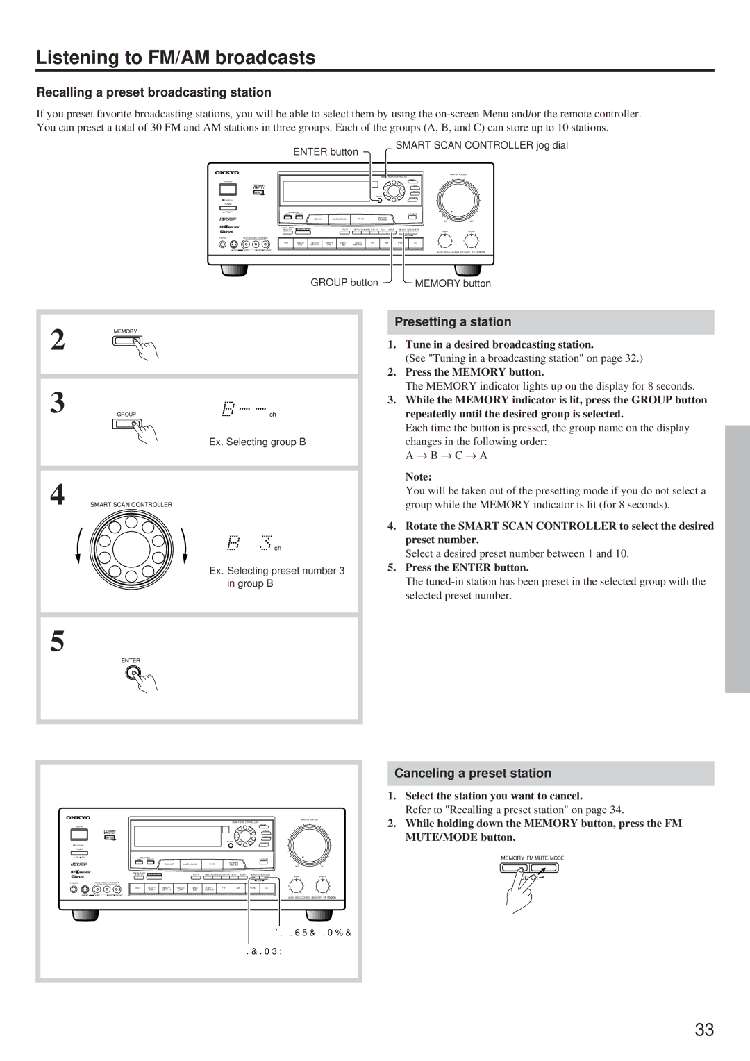 Onkyo TX-DS656 Listening to FM/AM broadcasts, Recalling a preset broadcasting station, Presetting a station 