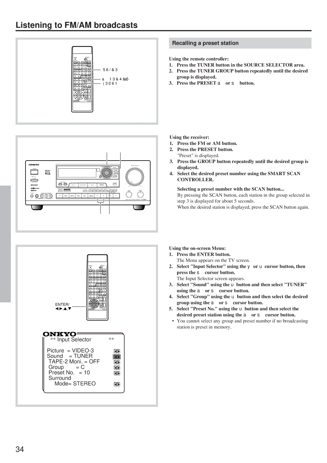 Onkyo TX-DS656 Recalling a preset station, Using the on-screen Menu Press the Enter button, Input Selector screen appears 