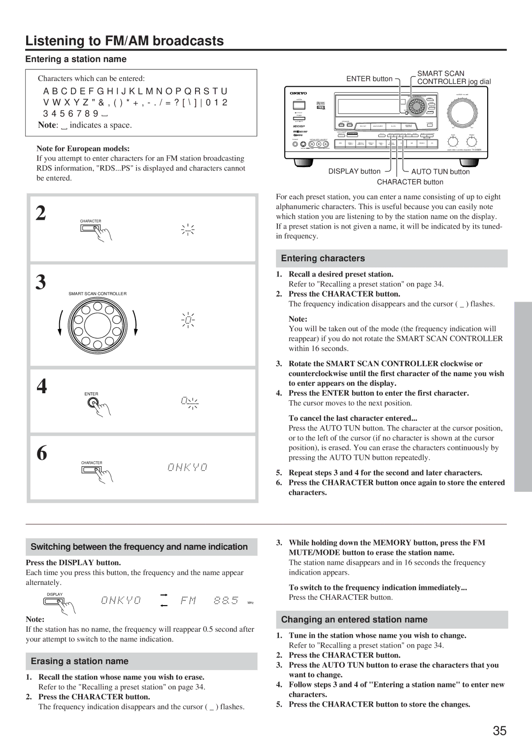 Onkyo TX-DS656 Entering a station name, Entering characters, Switching between the frequency and name indication 