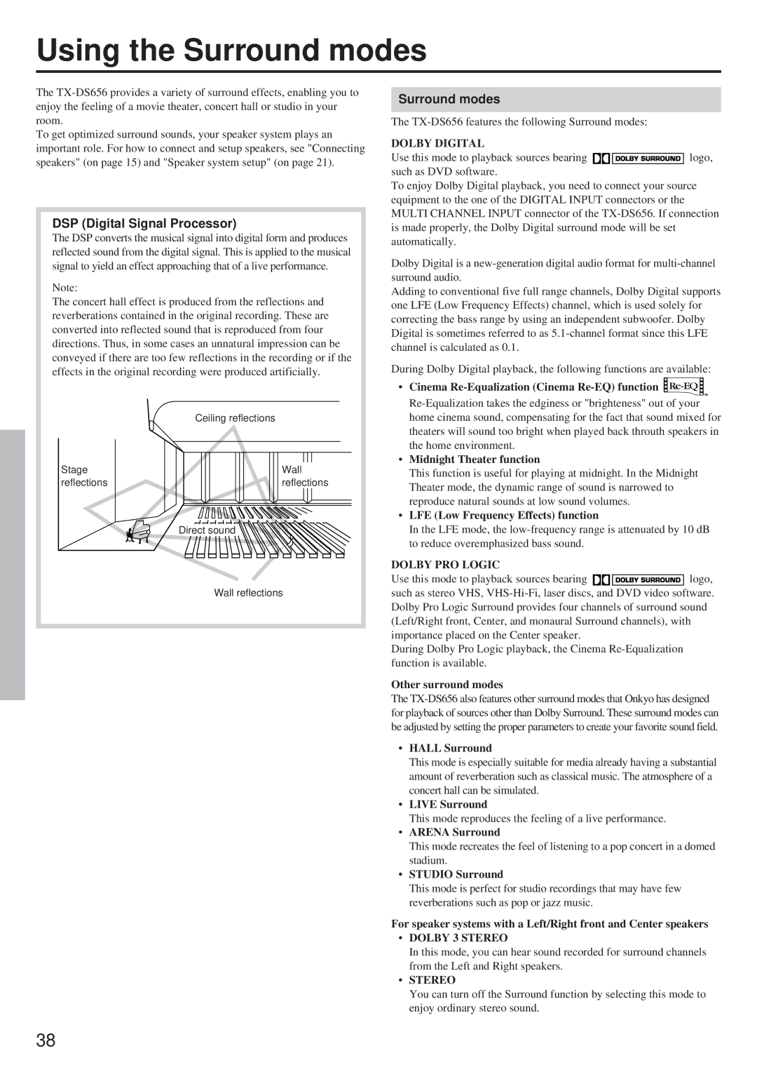 Onkyo TX-DS656 instruction manual Using the Surround modes, DSP Digital Signal Processor 